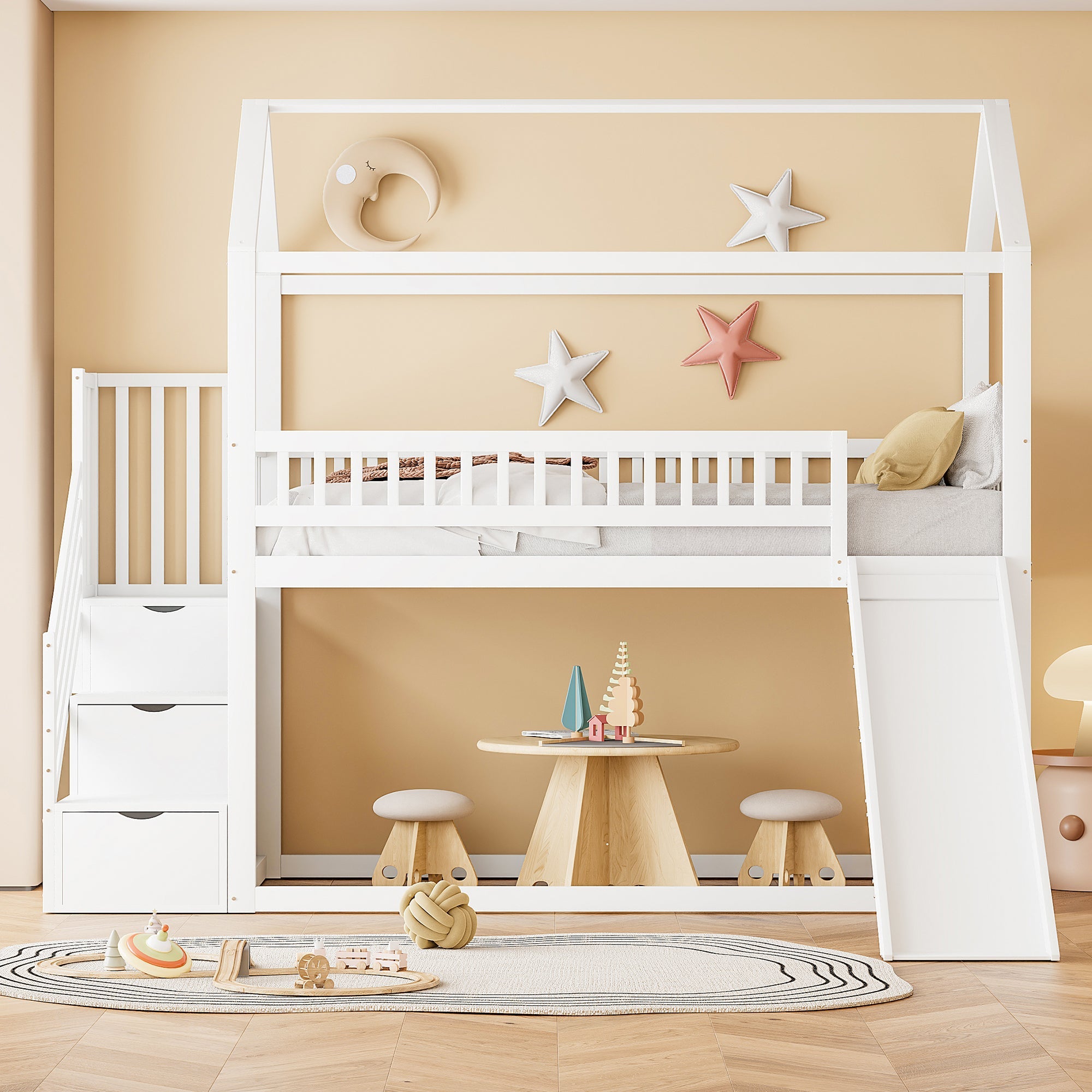 Logidon hoogslaper kinderstapelbed 90x200 wit glijbaan met opbergladder