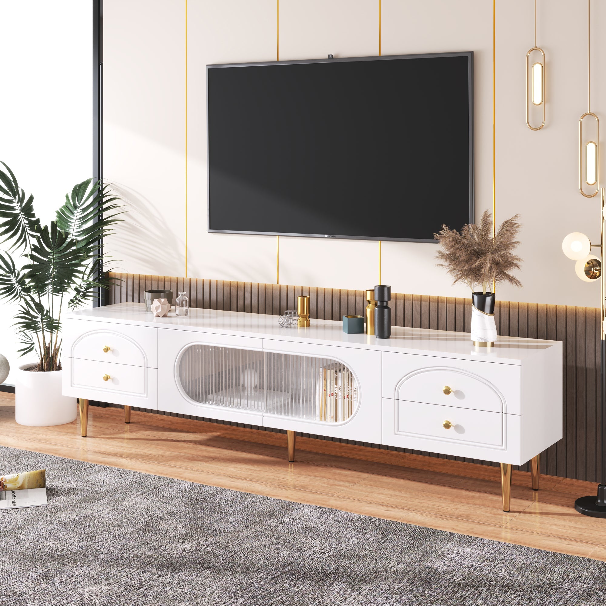 Logidon TV cabinet white with gold handles and feet 175 cm