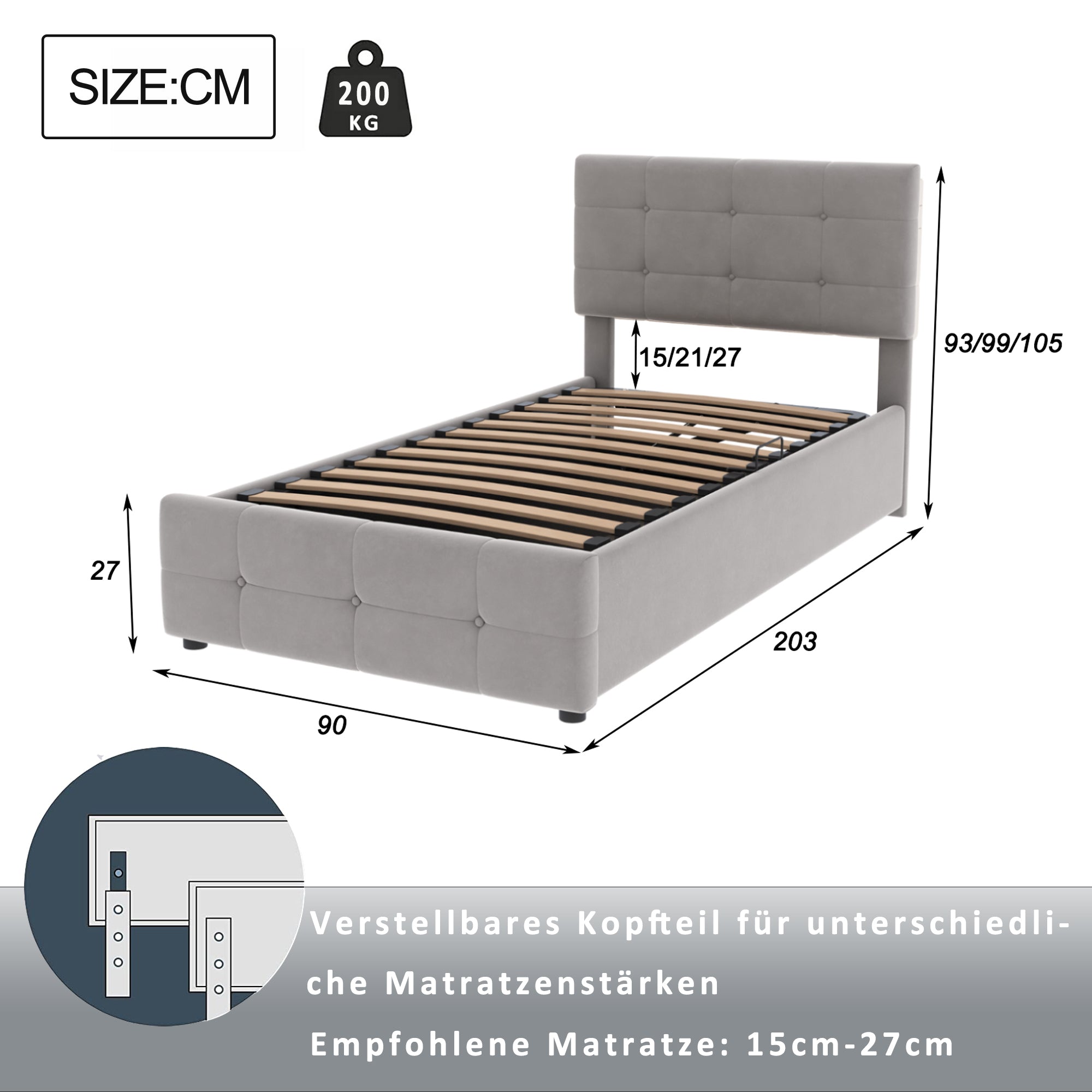 Logidon gestoffeerd bed 90x200 cm grijs fluweel met hydraulische opbergruimte