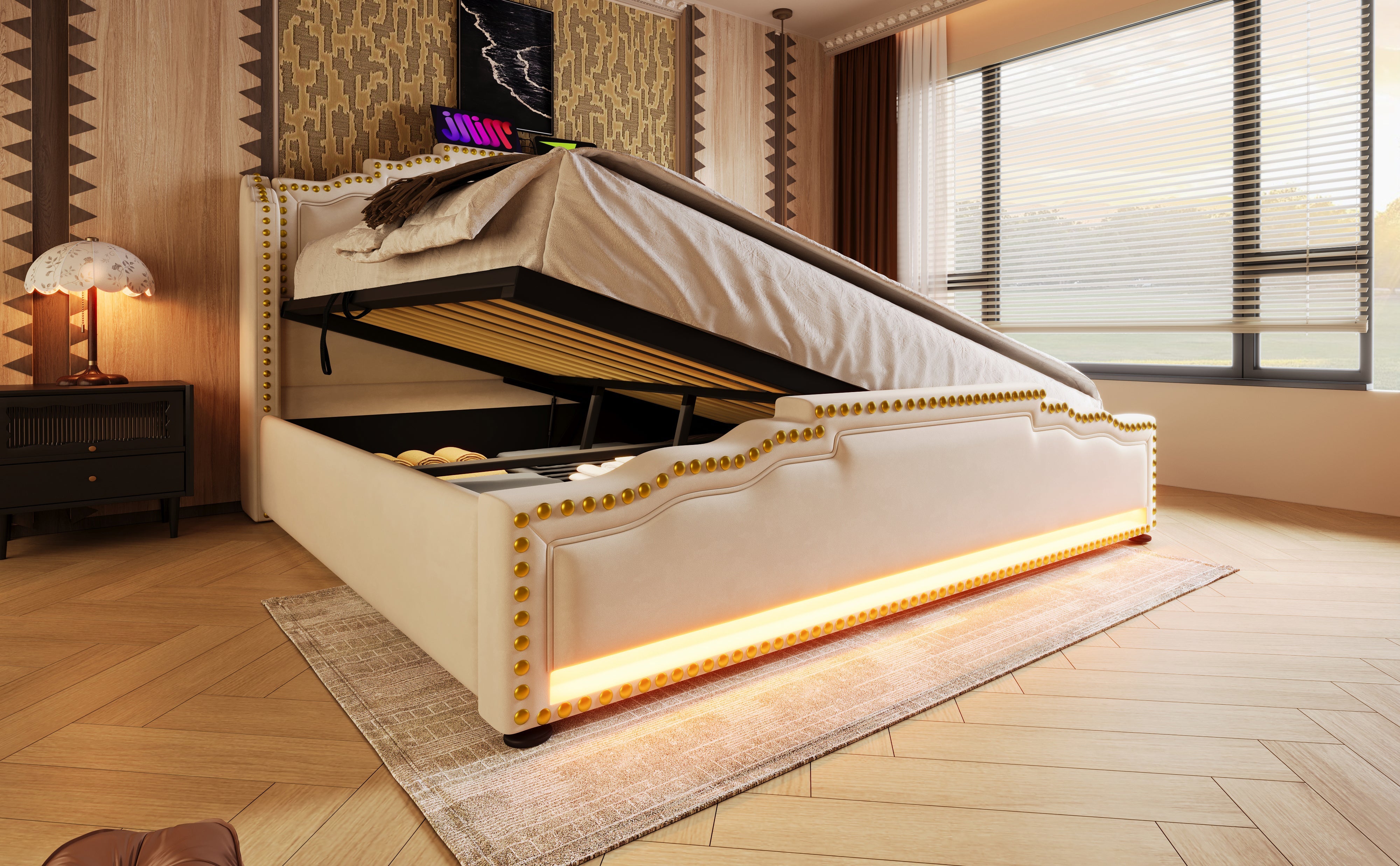 Logidon gestoffeerd bed 160x200 beige fluweel met opbergruimte LED USB C