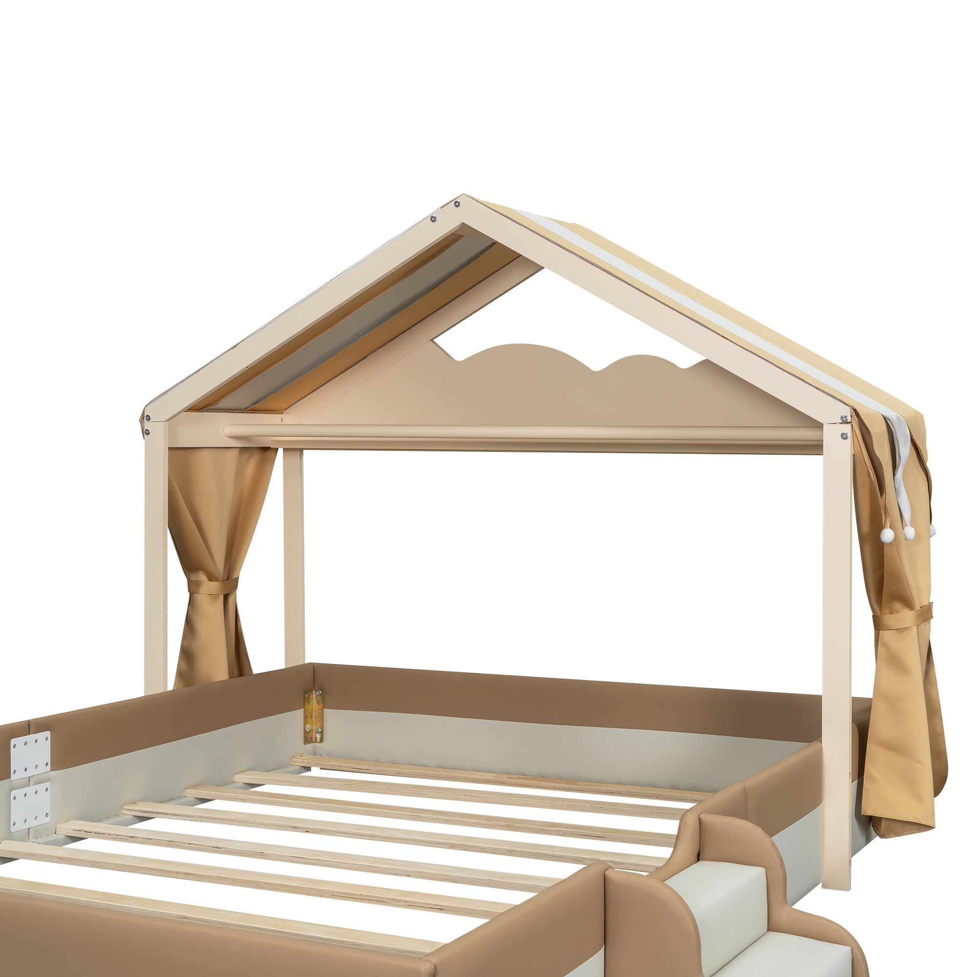 Logidon upholstered bed house shape 140x200 brown faux leather with slatted frame