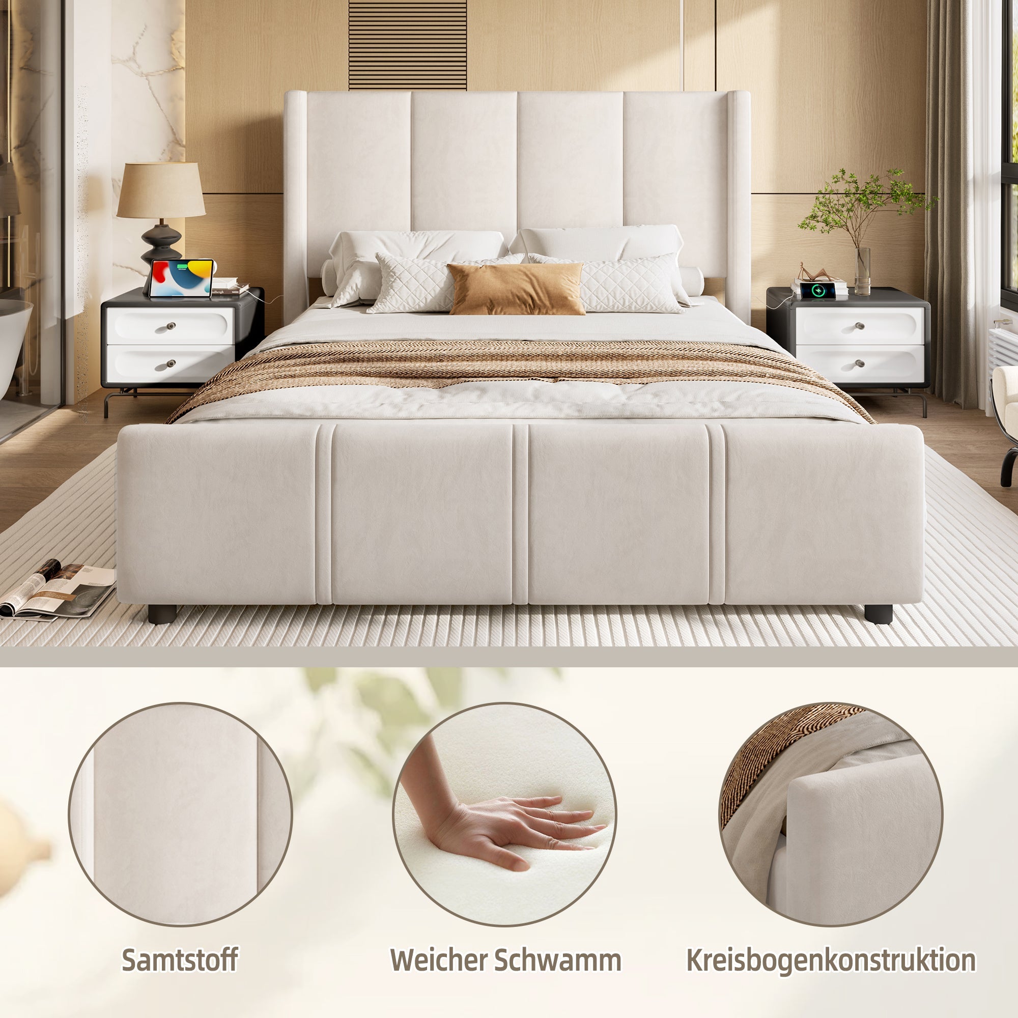 Logidon stoffen bedframe 140x190 beige velours USB-aansluiting