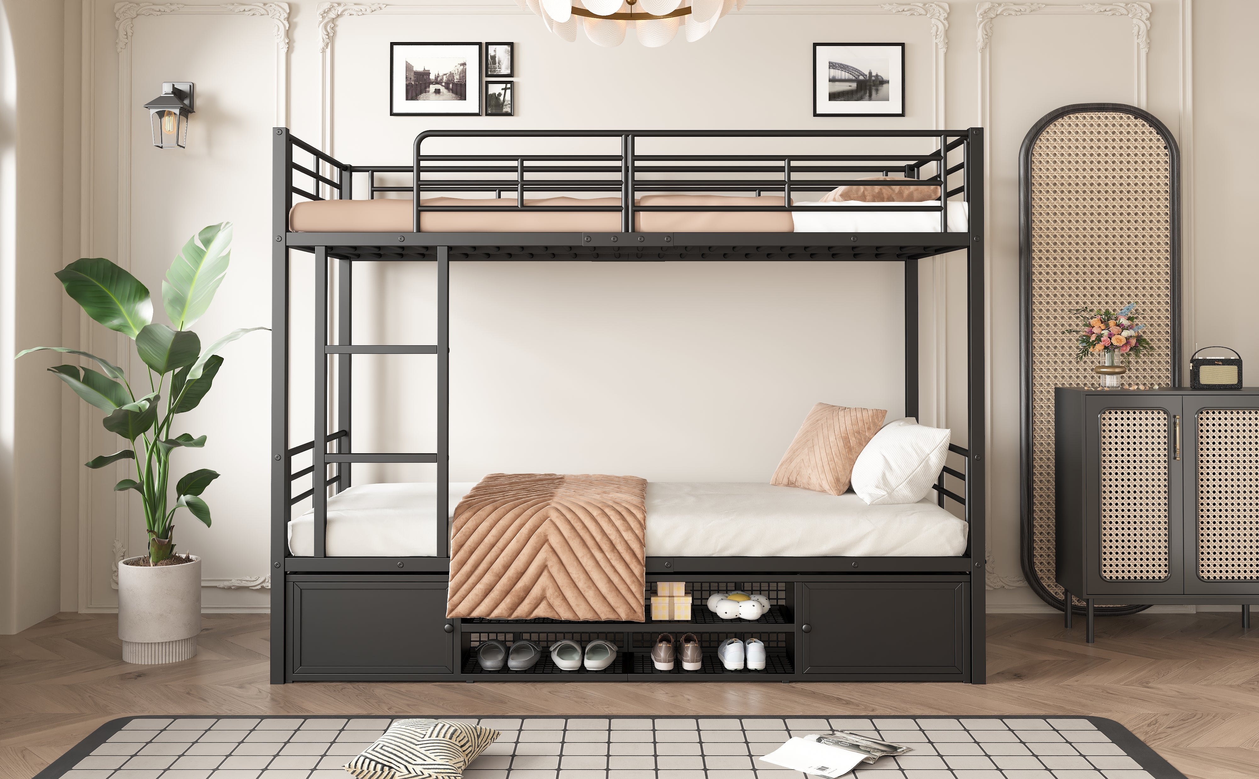 Logidon stapelbed ijzeren frame zwart 90x200 cm met schoenenrek