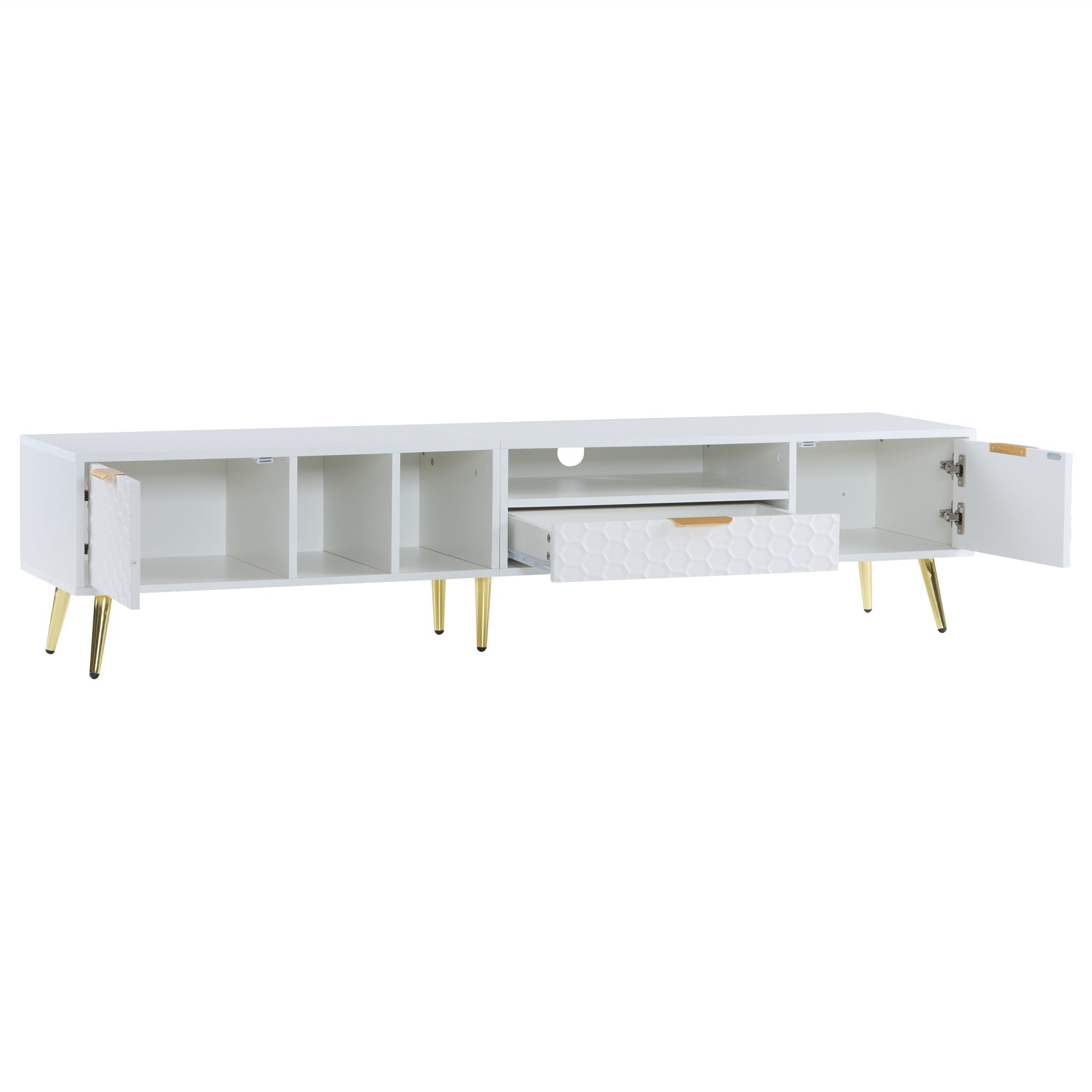 Logidon White TV Stand with Honeycomb Pattern and Storage Space for up to 80 Inches