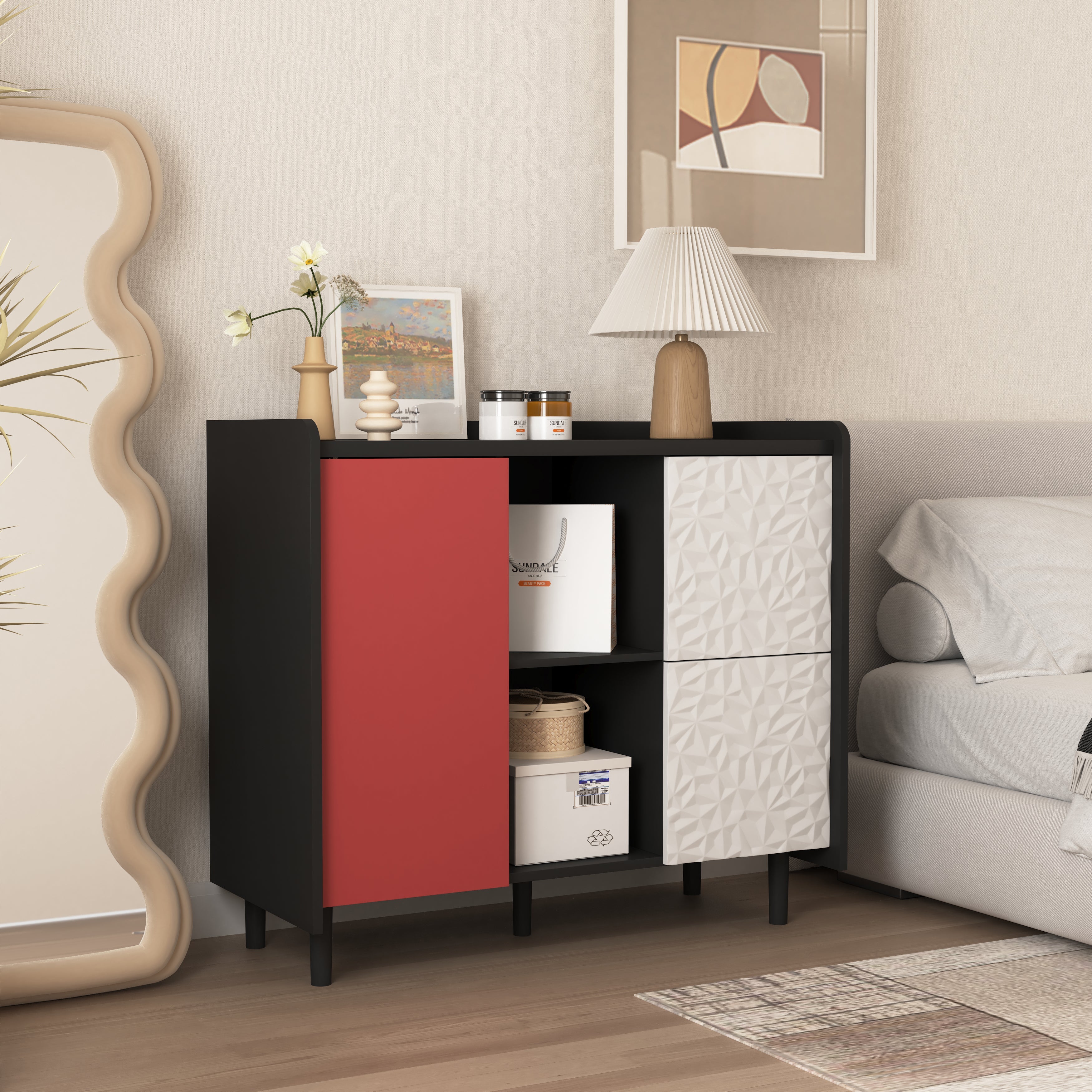 Logidon Dressoir Zwart Met Rode Deuren 2 Lades 90x40x80 cm