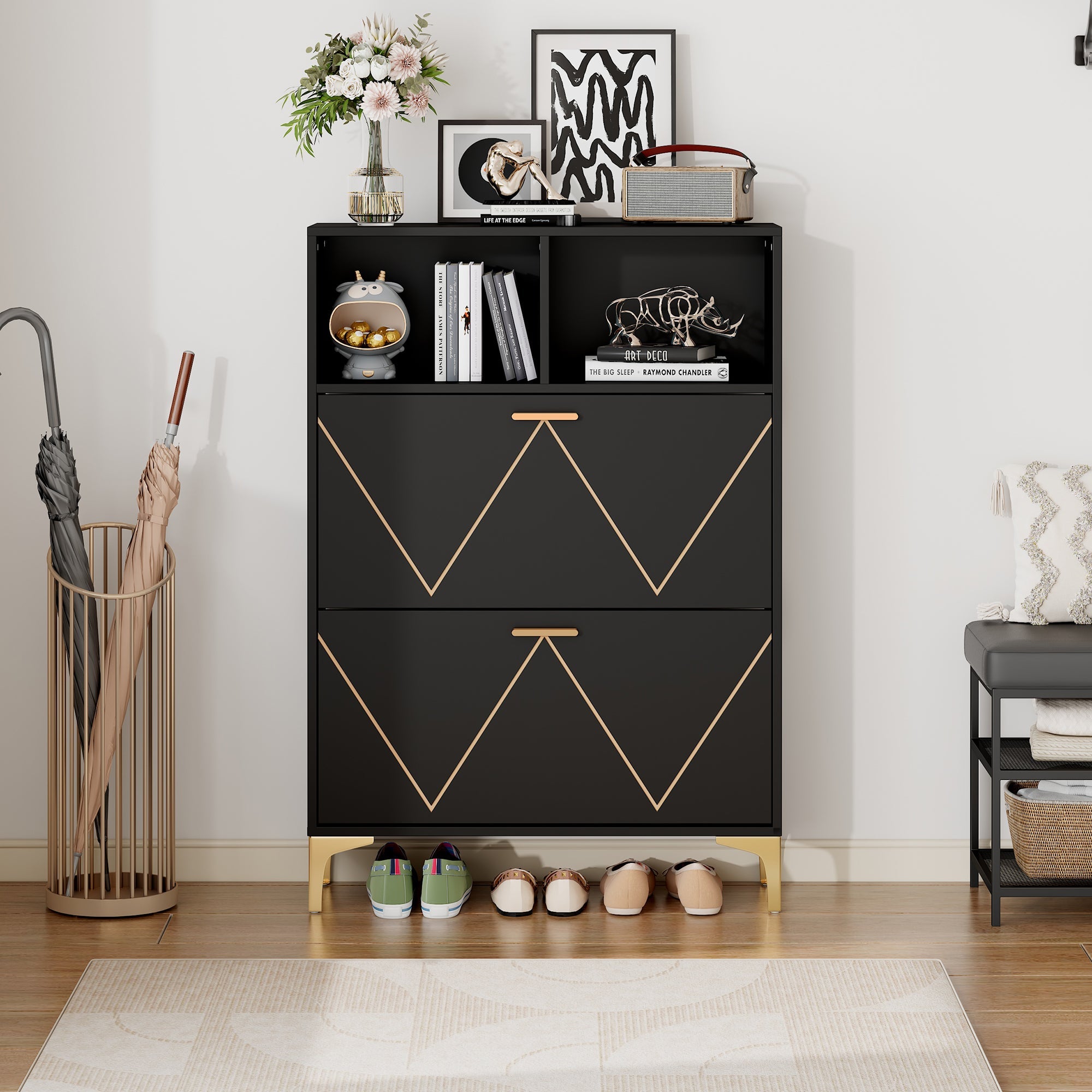 Logidon shoe cabinet 80x25x117 cm black with folding doors and four shoe shelves