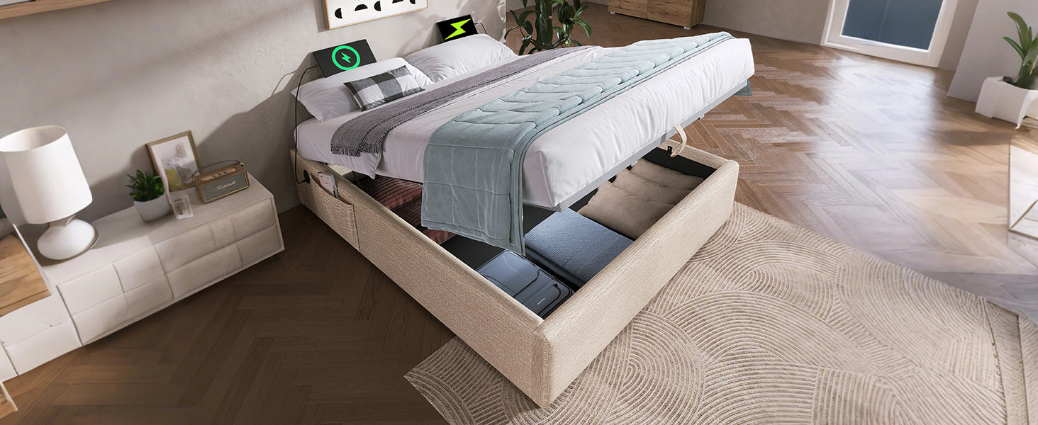 Logidon gestoffeerd bed tweepersoonsbed 160x200 beige USB-C poorten en opbergruimte
