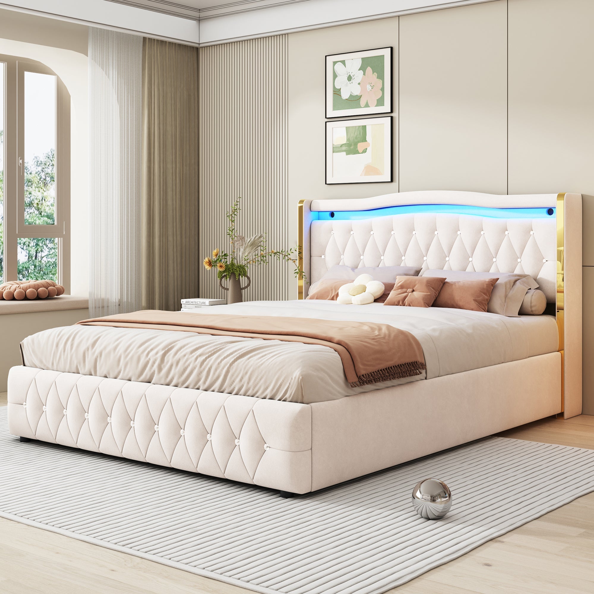 Logidon stoffen bed 160x200 beige fluweel LED-opbergruimte