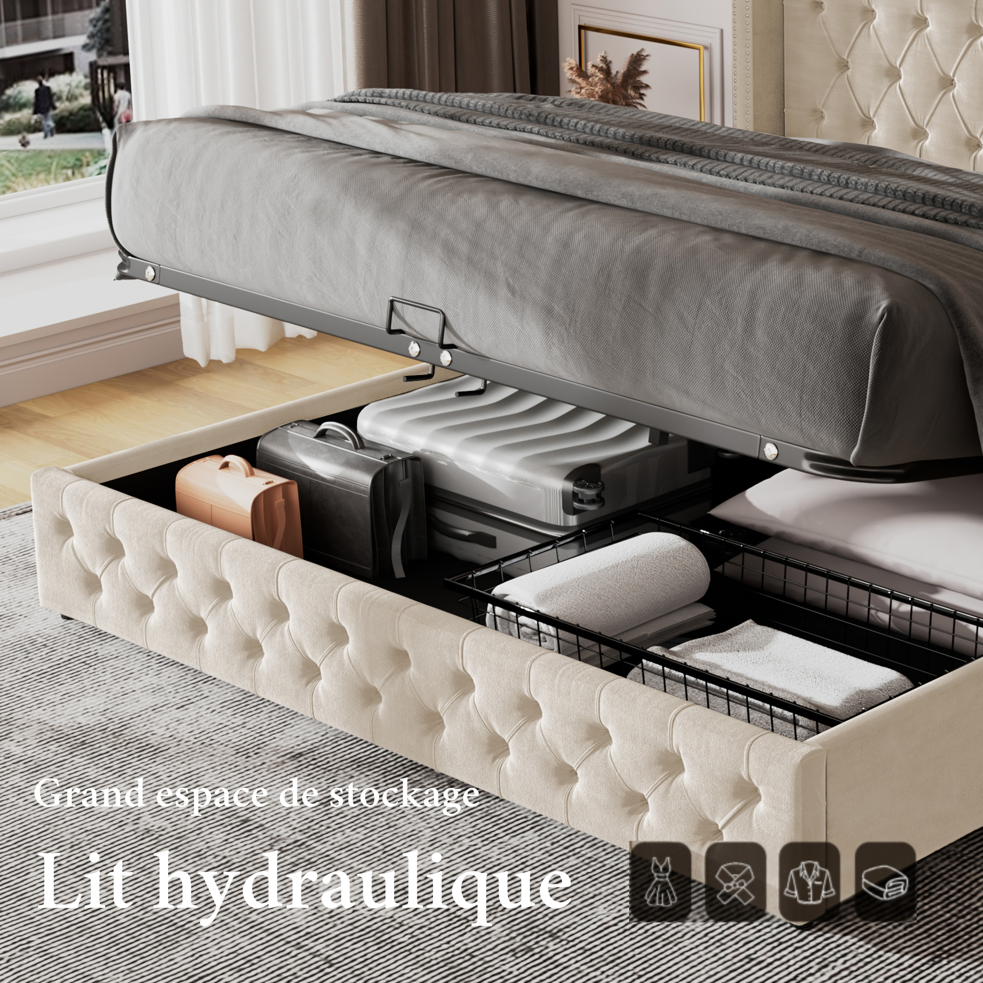 Logidon bed frame beige velvet with hydraulic function 140-190