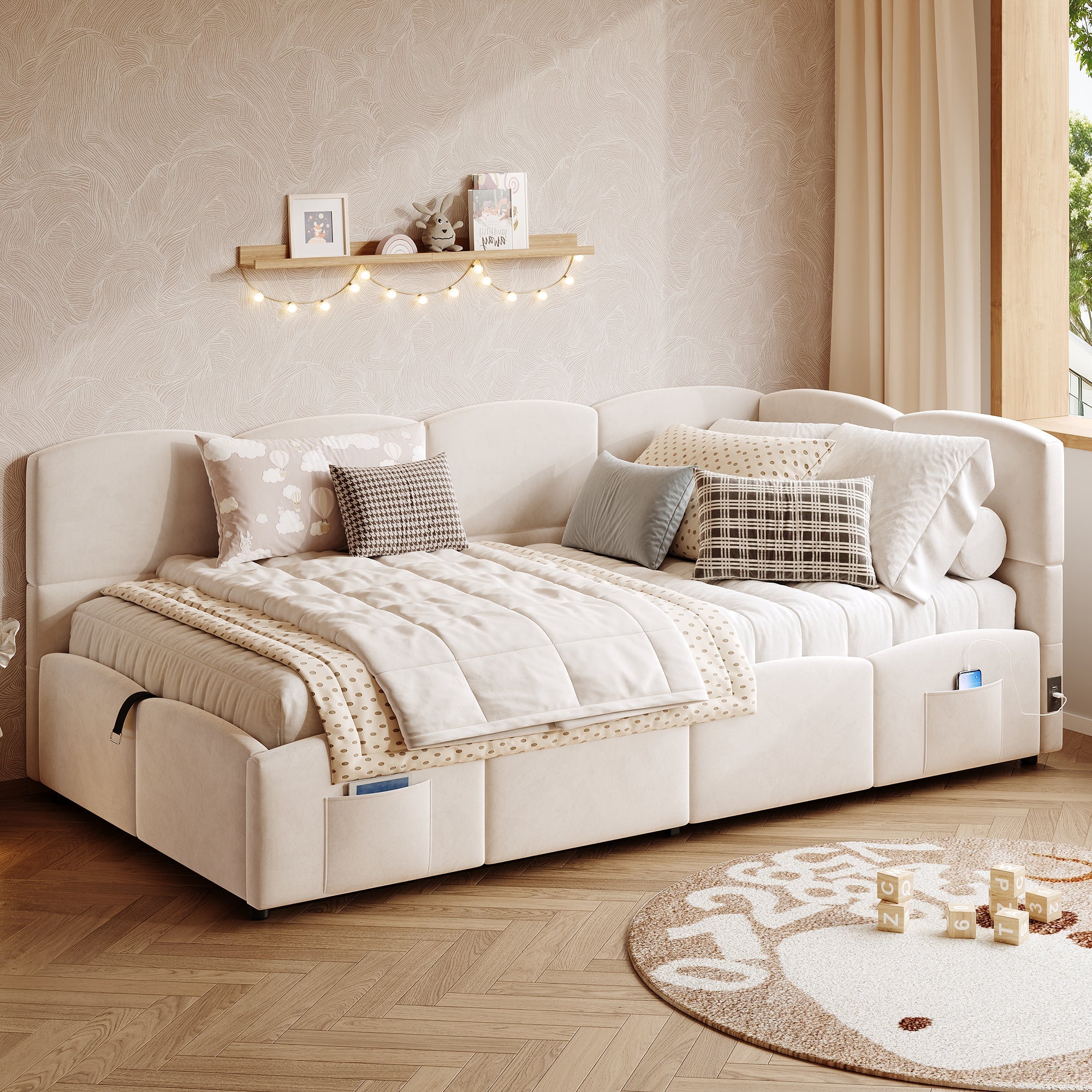 Logidon gestoffeerd bed 90x200 beige fluweel met opbergruimte