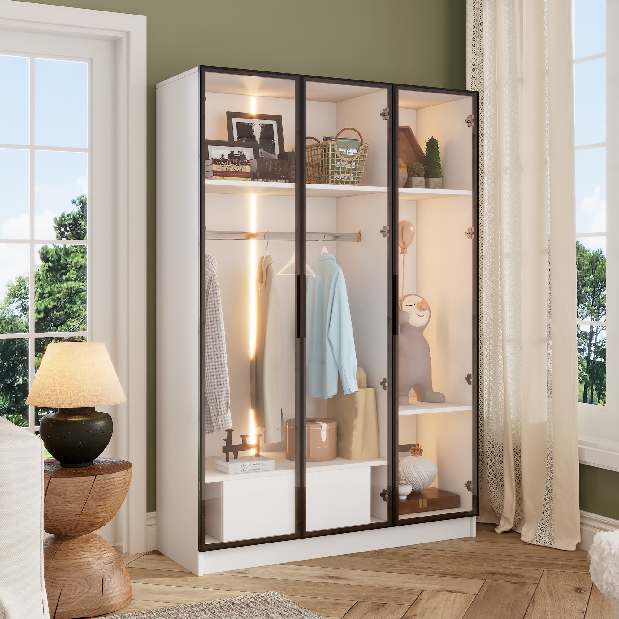 Logidon Witte kledingkast 110x50x160 cm met 3 glazen deuren LED