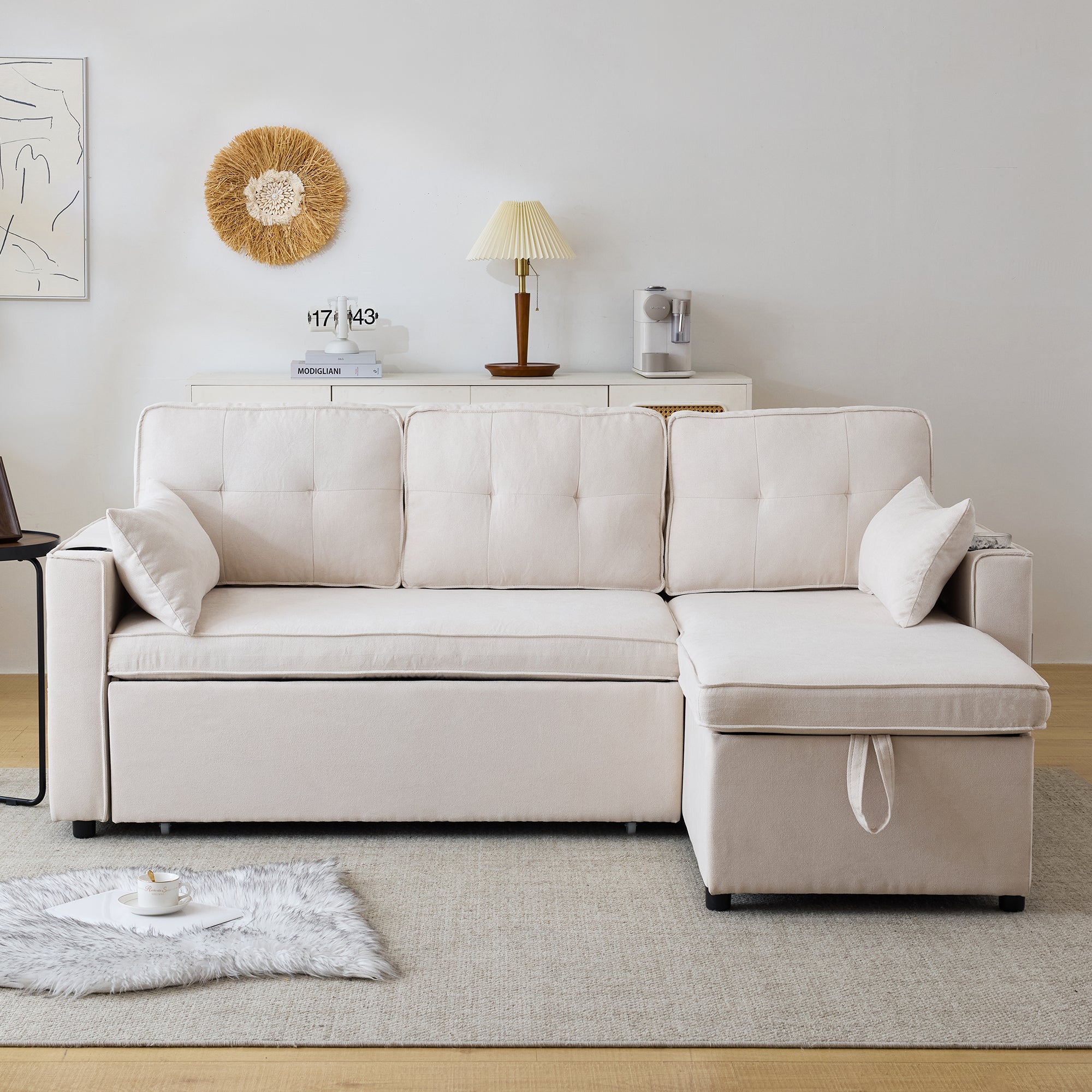 Logidon slaapbank L-vorm beige stof met opbergruimte en bekerhouder