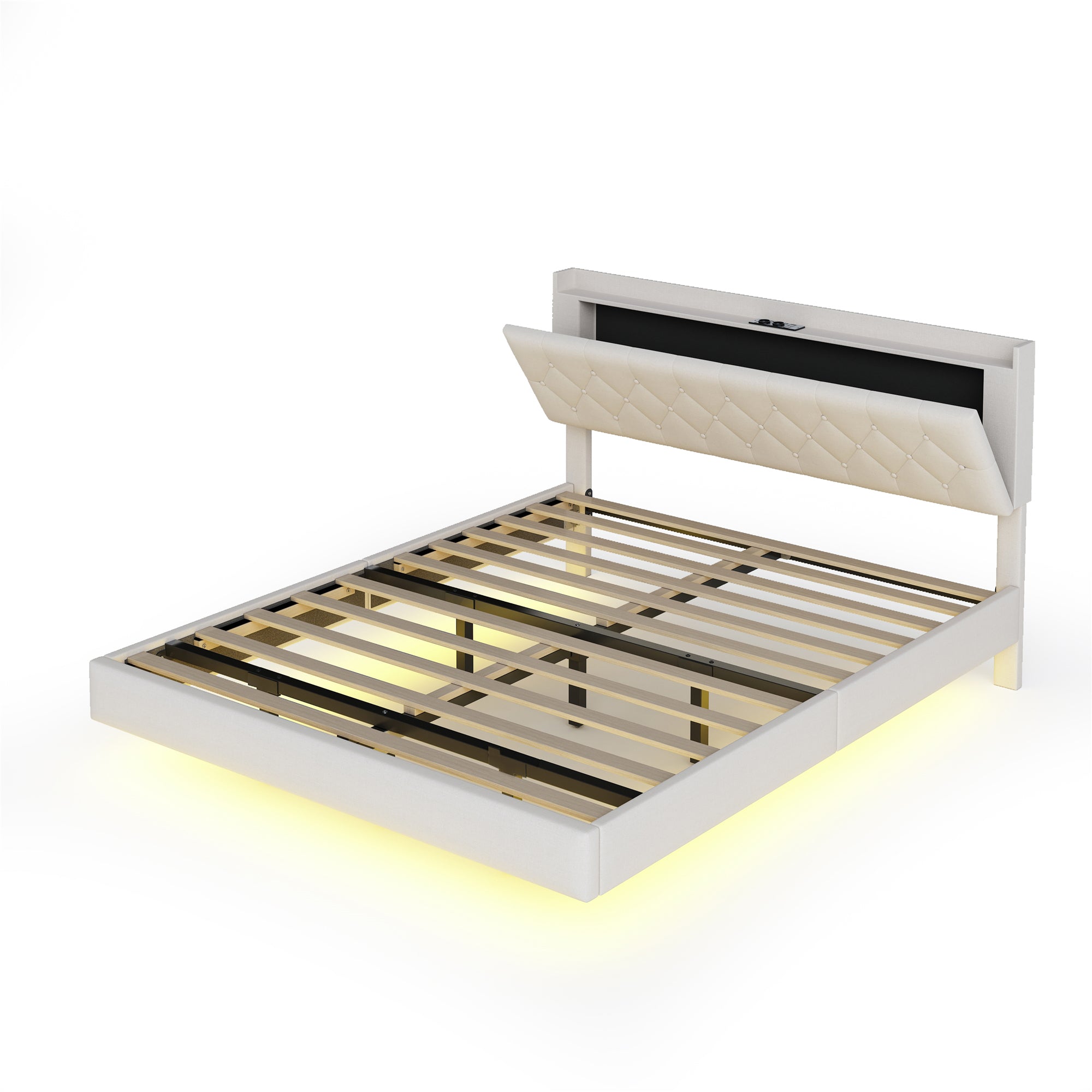 Logidon gestoffeerd bed 140x200 cm beige USB-oplaadpoort LED-lichtstrip