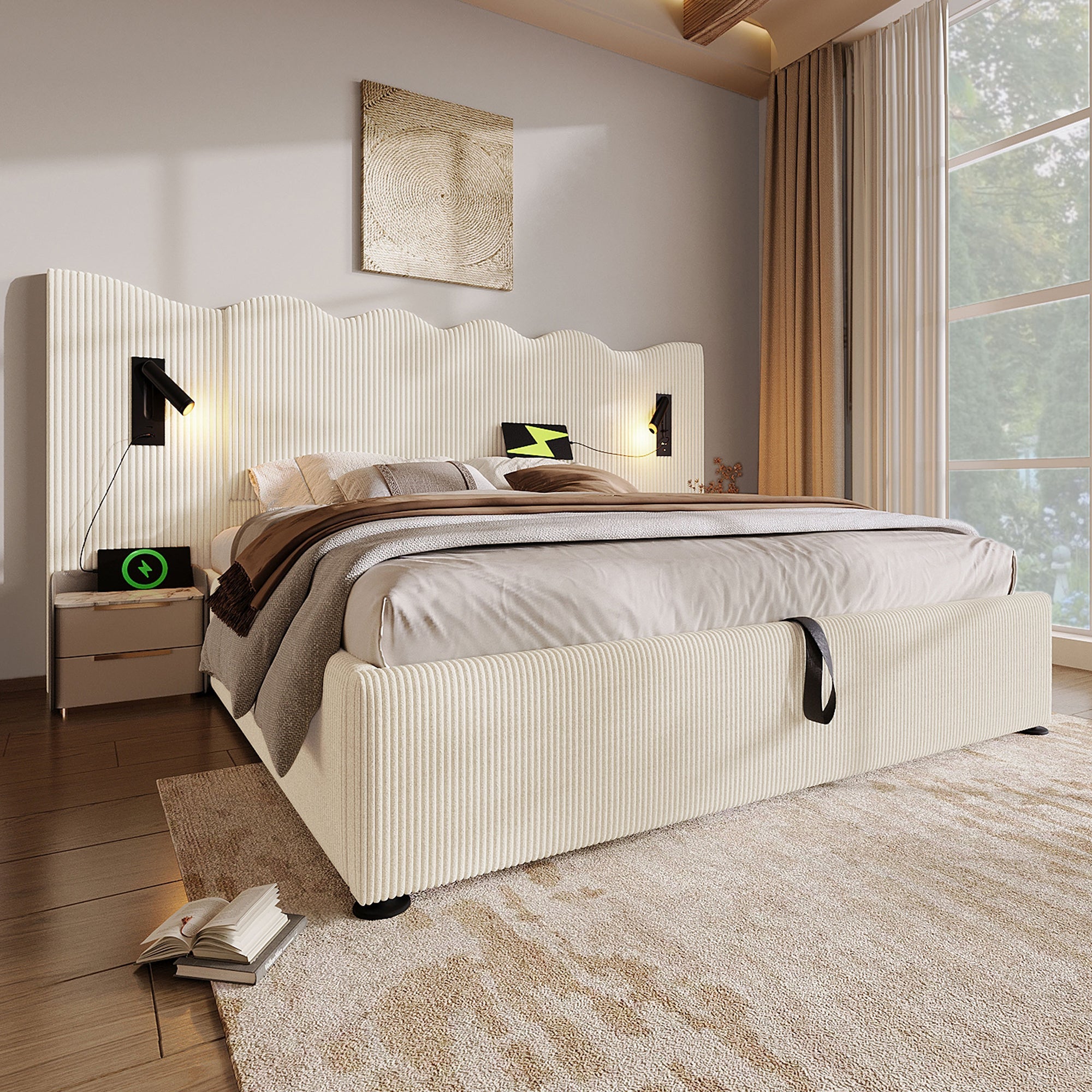 Logidon gestoffeerd bed tweepersoonsbed 180x200 beige-wit leeslamp USB-C opladen