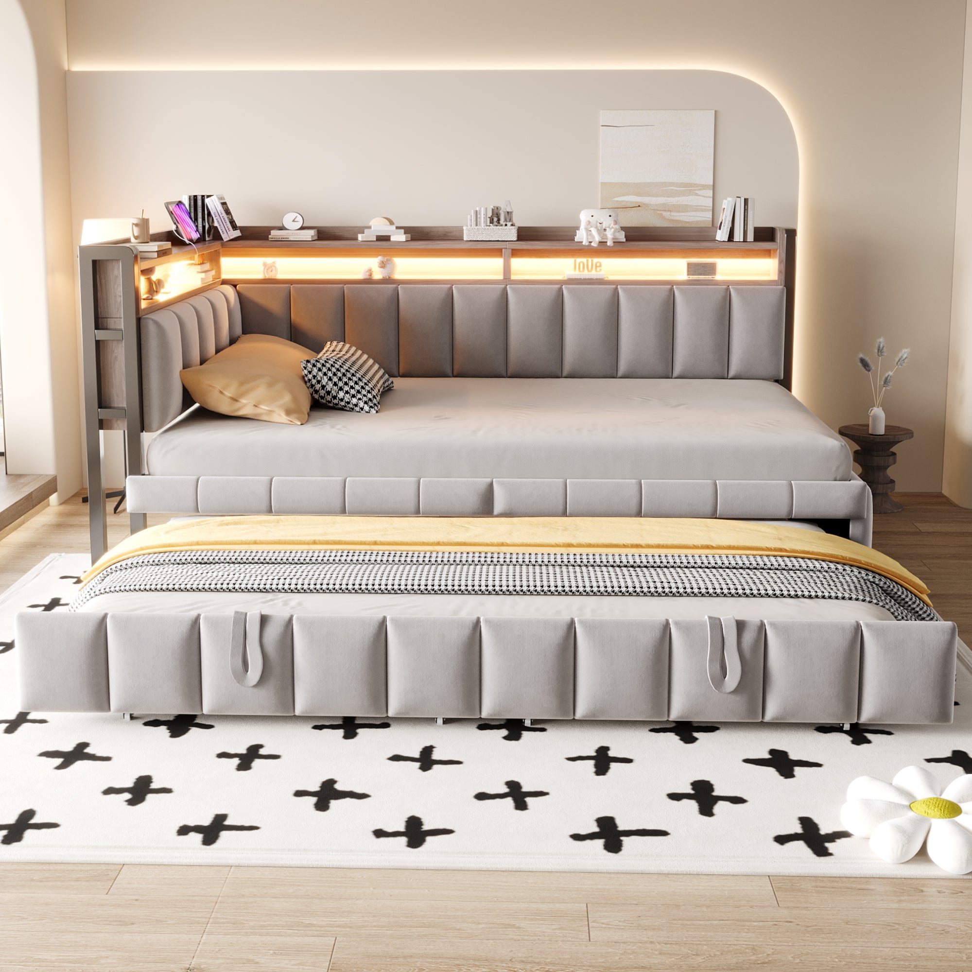 Logidon slaapbank gestoffeerd bed 90x200cm lichtgrijs uitschuifbaar LED USB