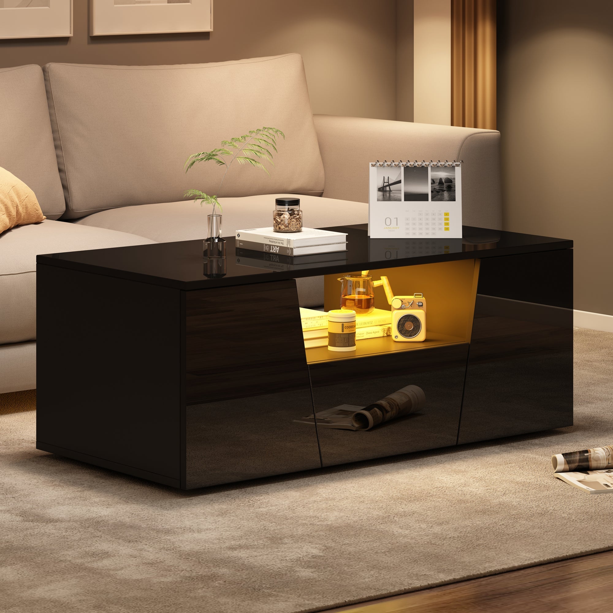Logidon coffee table 100x50x40 cm black with LED 2 cabinets 1 drawer