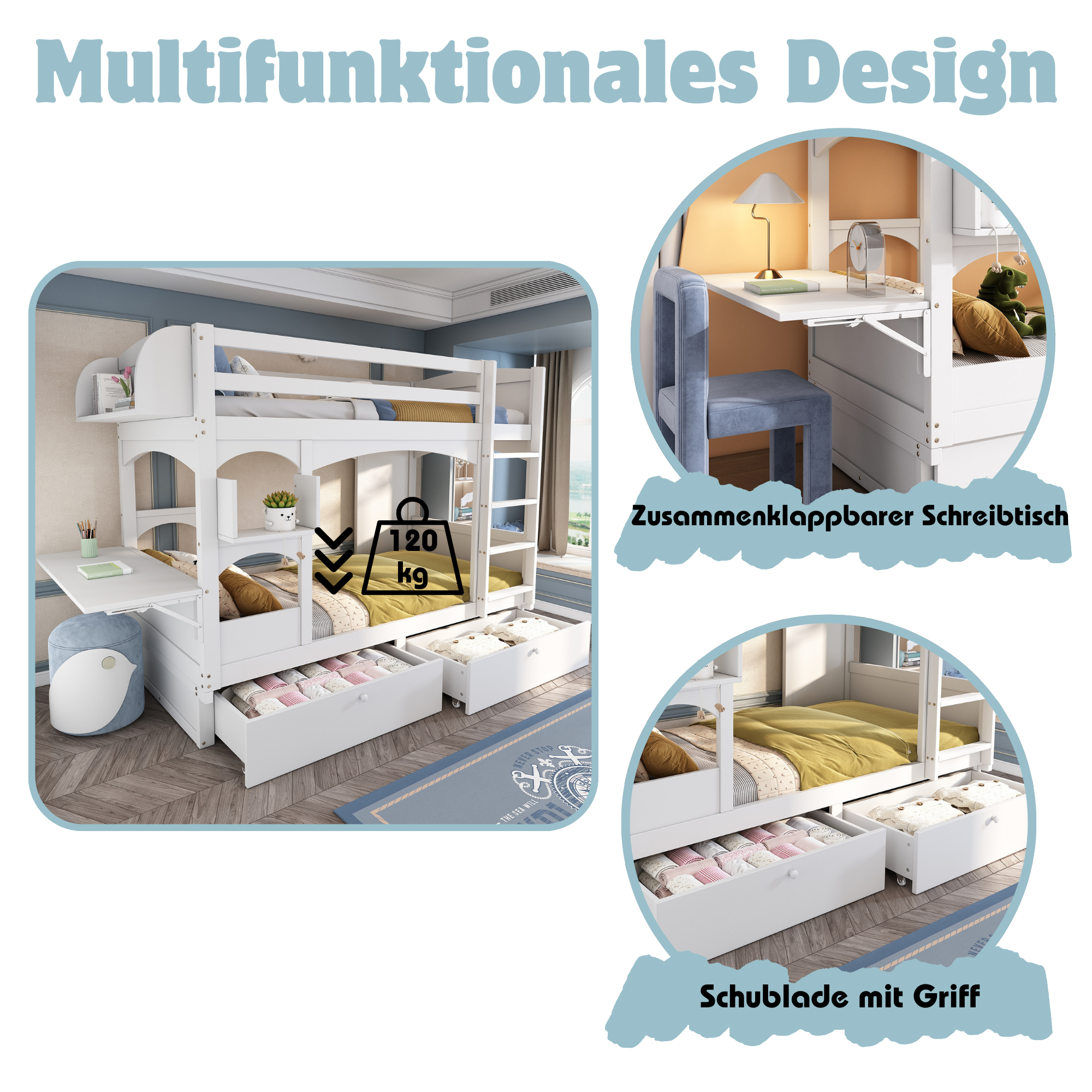 Logidon Kinderstapelbed met opklapbaar bureau Wit 90x200