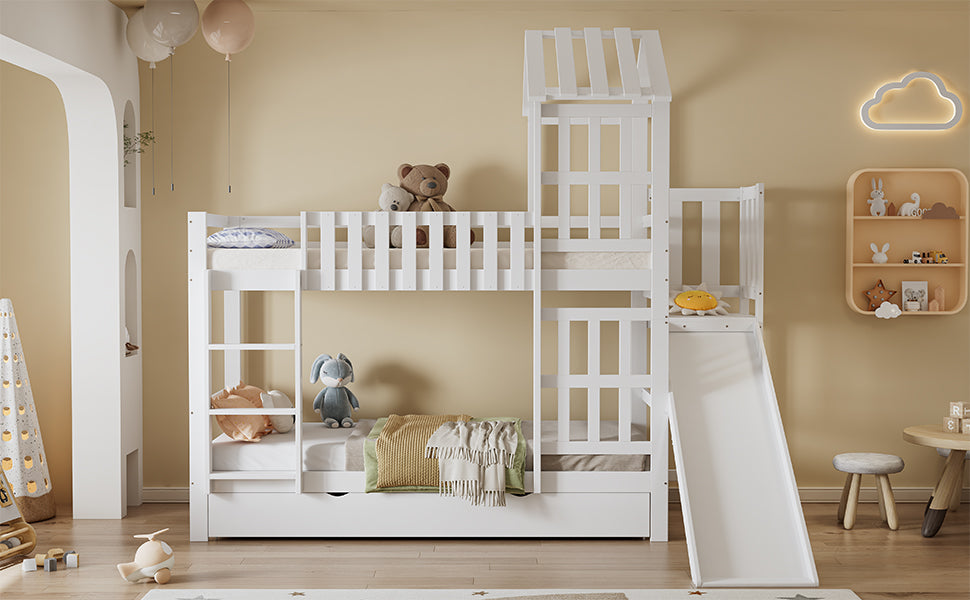 Logidon stapelbed met glijbaan en grote lade 90x200 wit