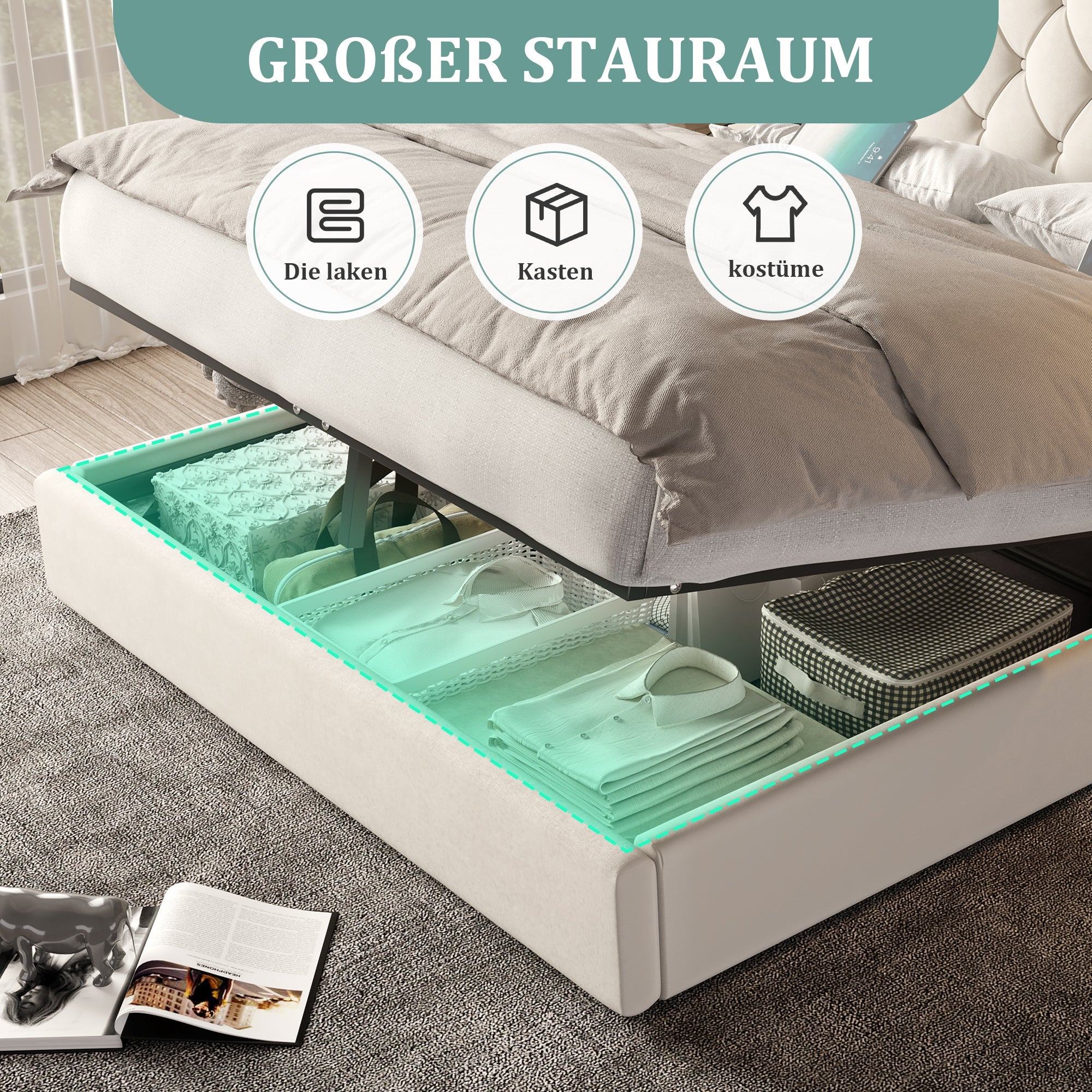 Logidon bedframe beige fluweel met lang hoofdeinde en USB-poorten