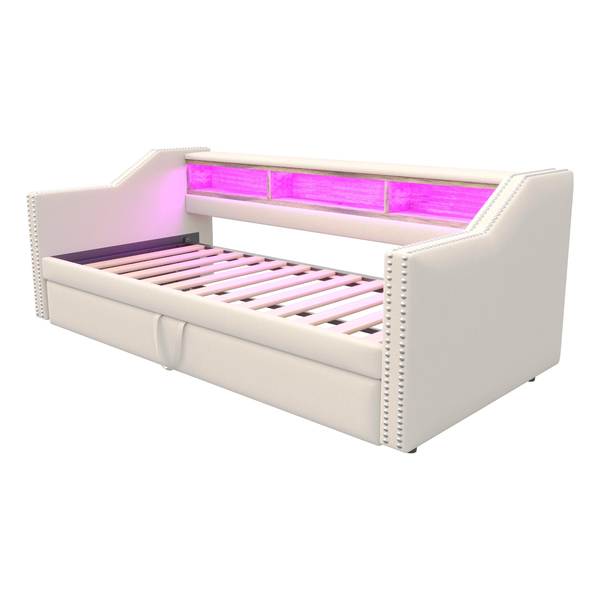 Logidon Upholstered Bed Extendable Sofa Bed 90/180 X 190 Beige Storage Compartment