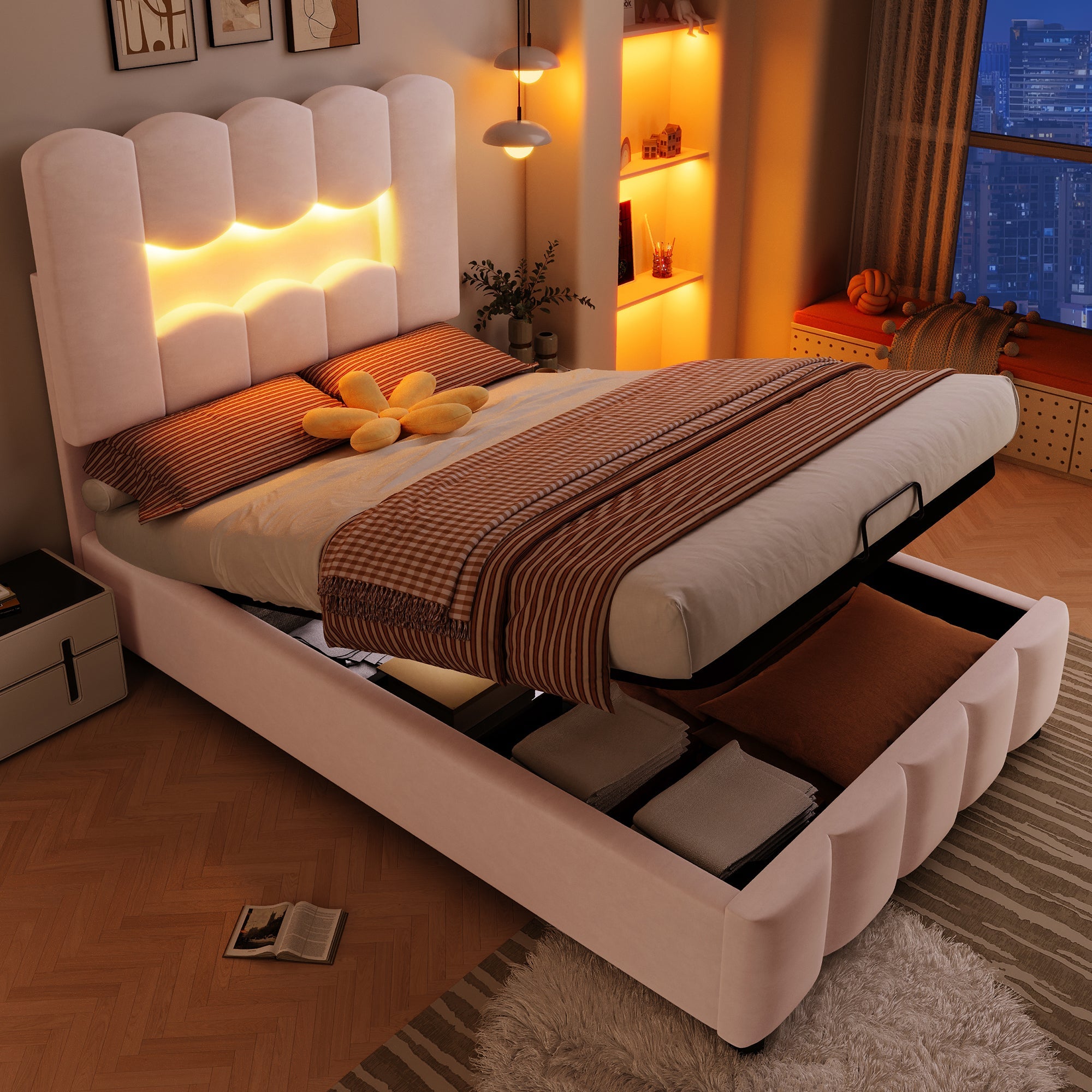 Logidon upholstered bed 90x200 pink velvet LED lighting hydraulic