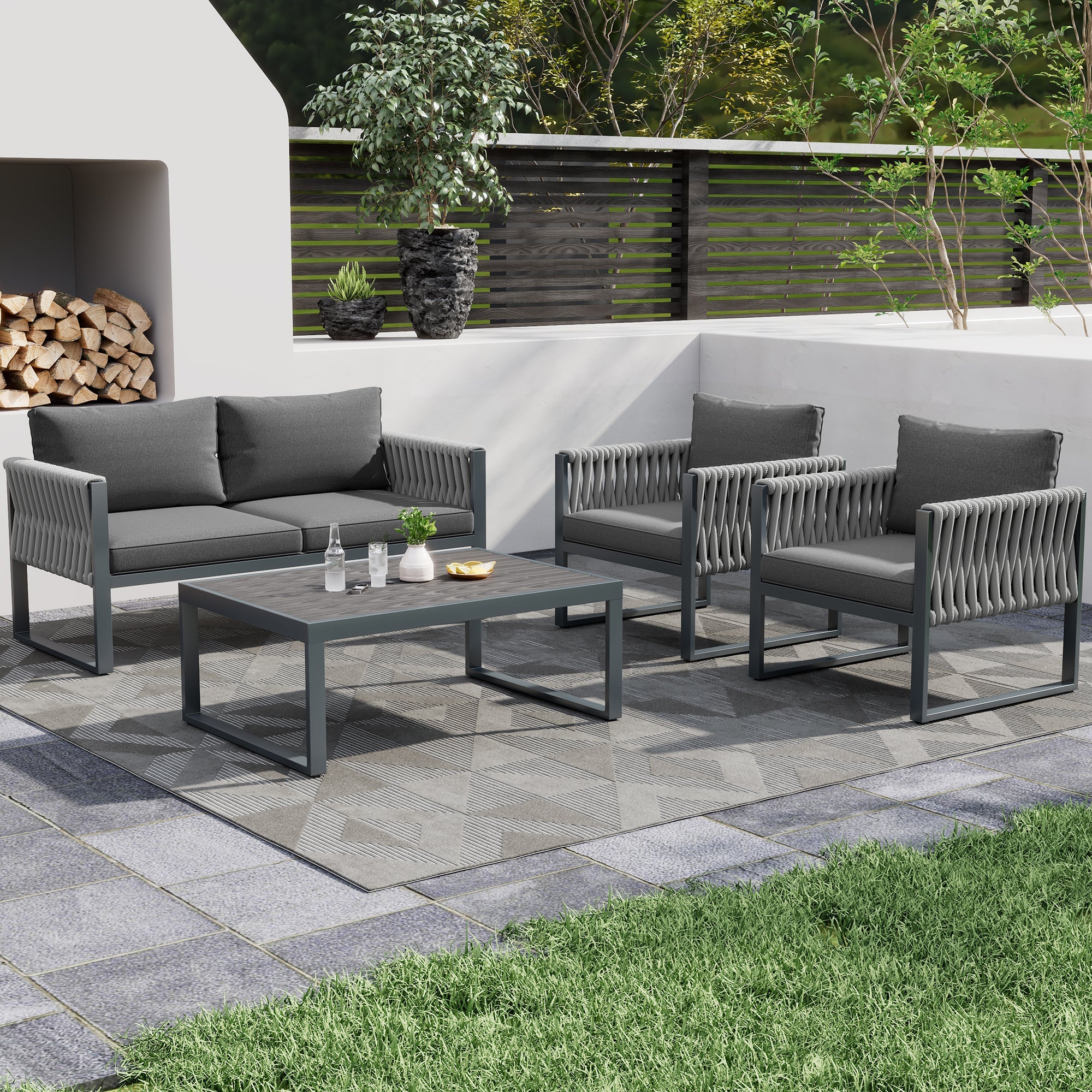 Logidon Tuinloungeset Grijs Touw met Gegalvaniseerd Ijzeren Frame Set van 4