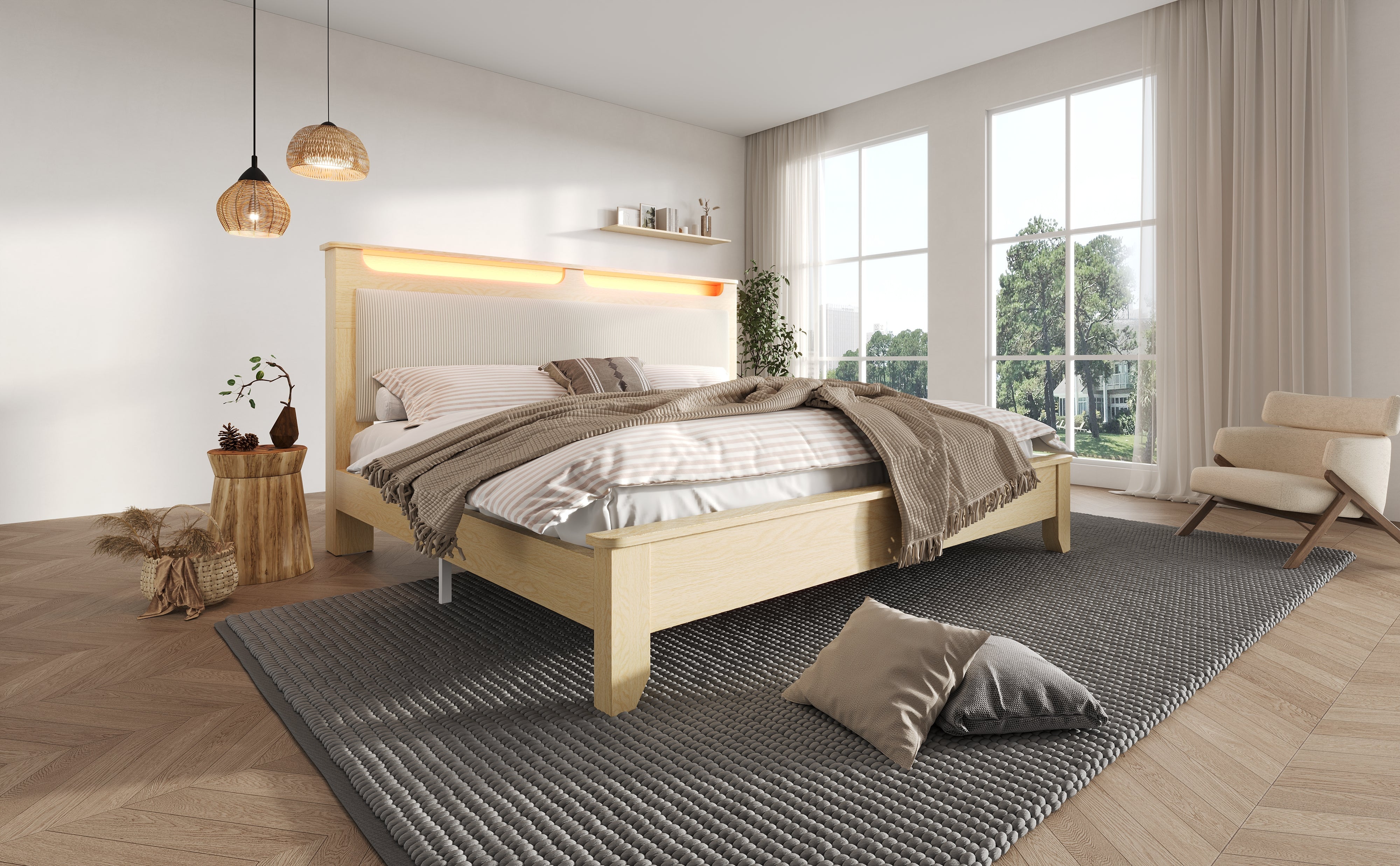 Logidon double bed 140x200 cm beige LED lighting headboard storage space
