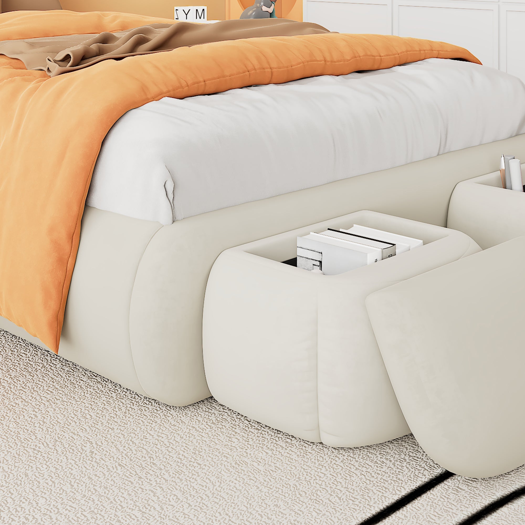 Logidon gestoffeerd bed 90x200 beige fluwelen opbergkruk met konijnenoren