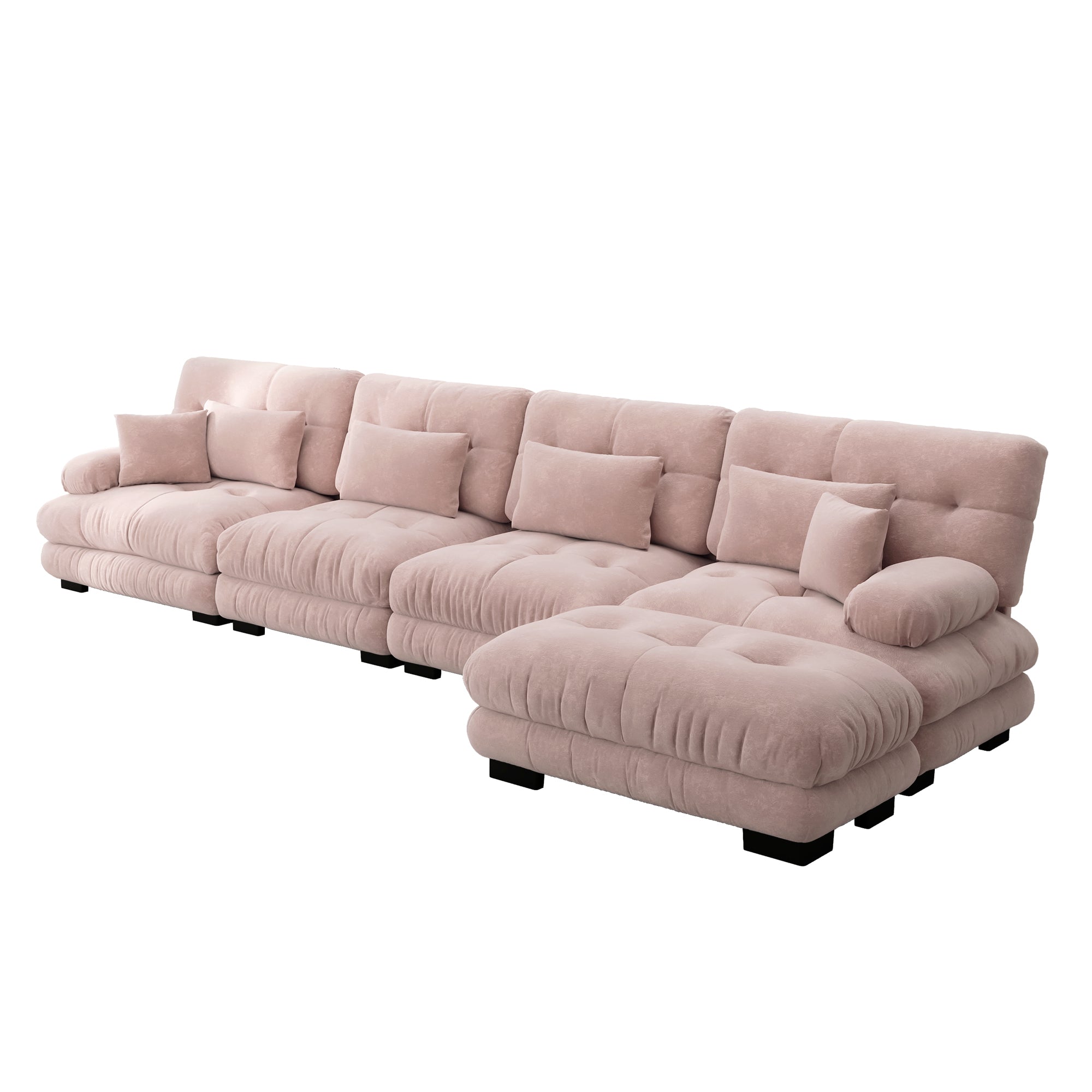 Logidon Modulaire hoekbank roze fluweel L-vorm 4-zits met kruk