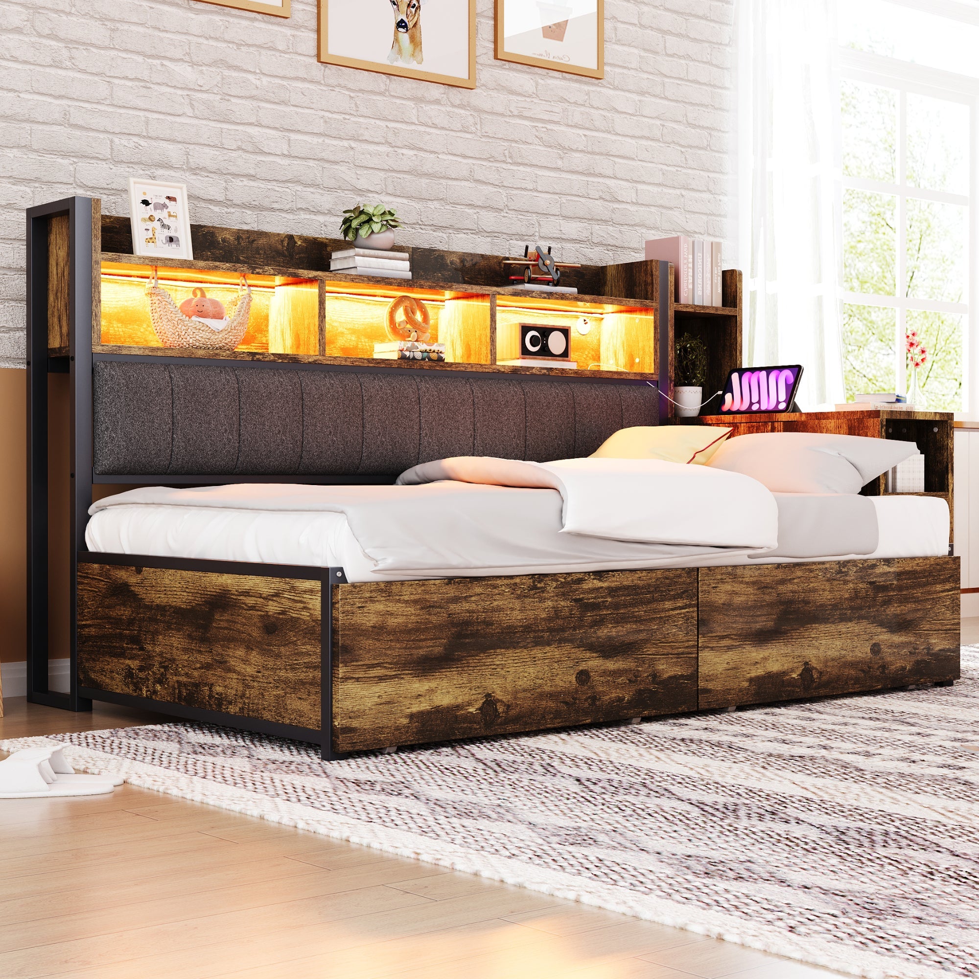 Logidon ijzeren slaapbank 90 x 200 cm houtlook opbergruimte LED