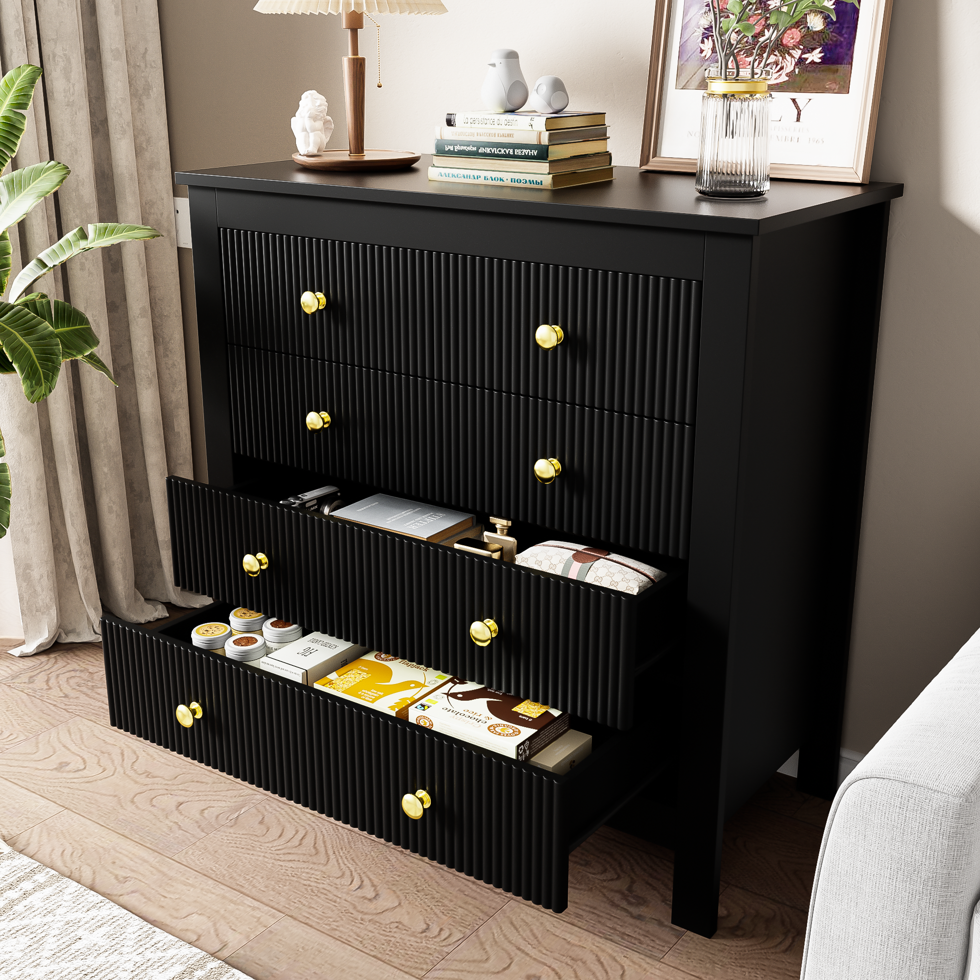Logidon Dressoir 5 Laden Zwarte Ladekast Met Gouden Handgrepen 79 cm