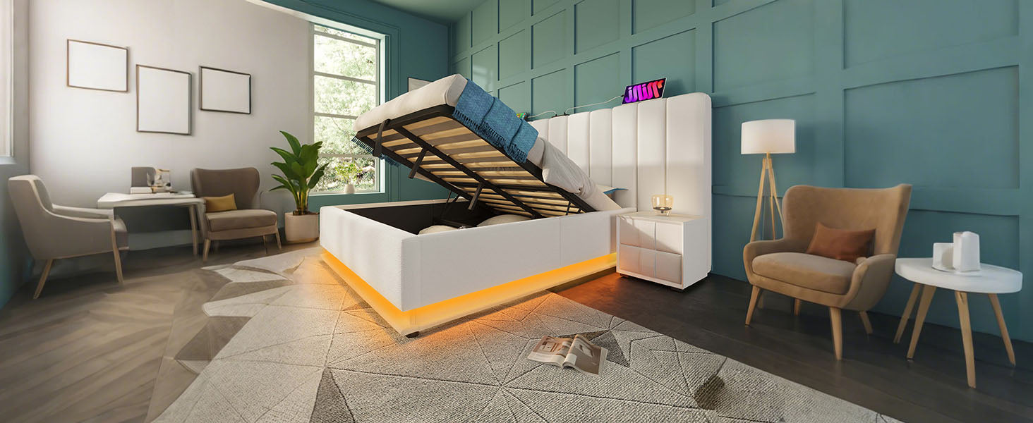 Logidon gestoffeerd bed 180x200 wit met opbergruimte LED app-bedieningsmatras