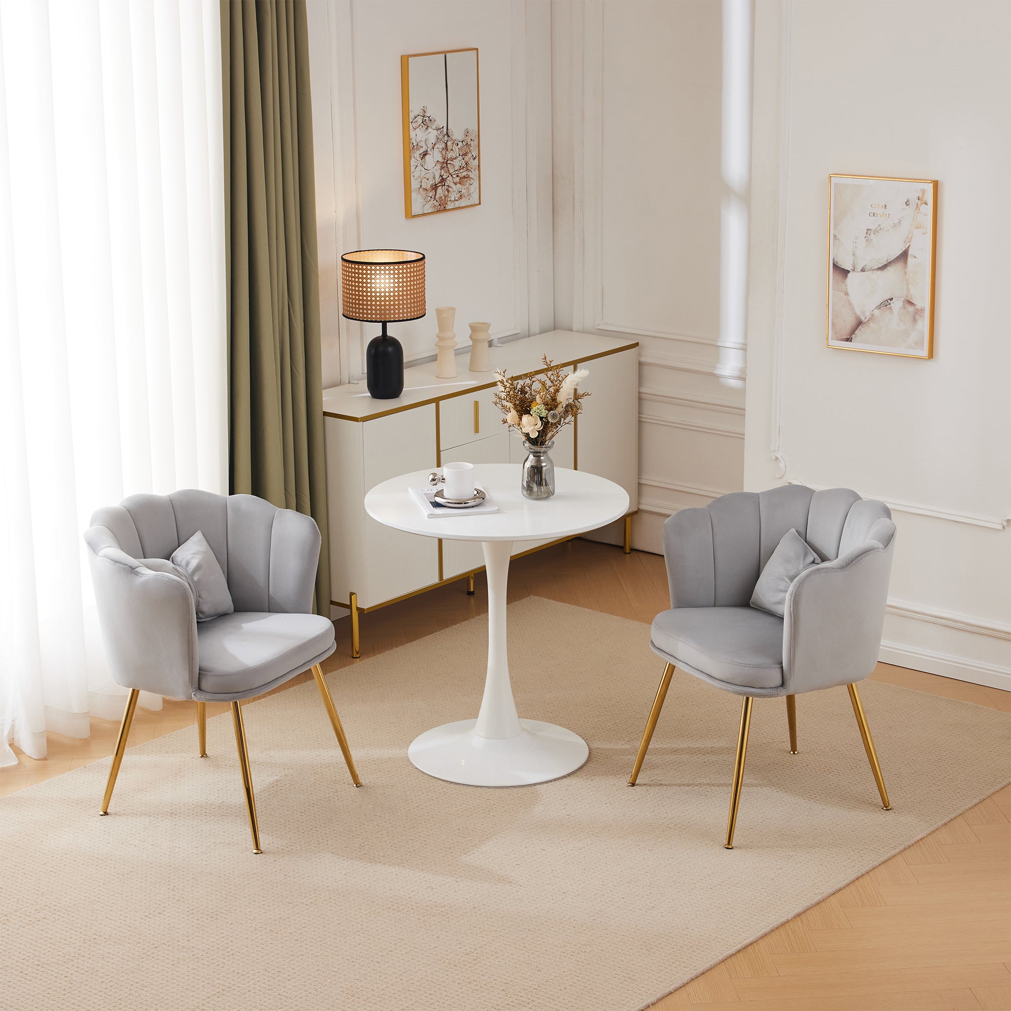 Logidon Set of 2 Modern Velvet Chairs with Flower Backs Gray Gold Legs