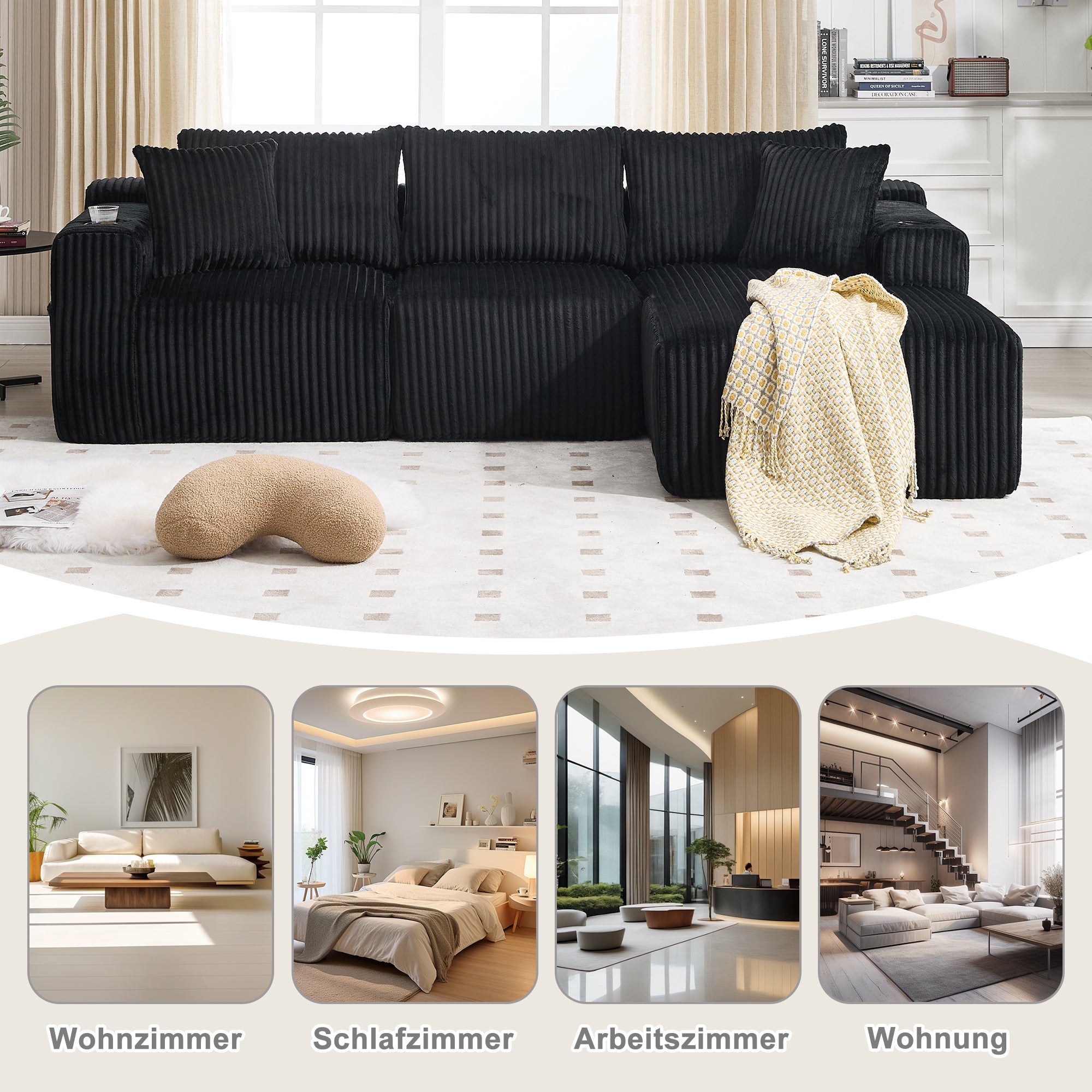 Logidon modulaire bankstel met chaise longue, 2-zitsbank, zwart corduroy