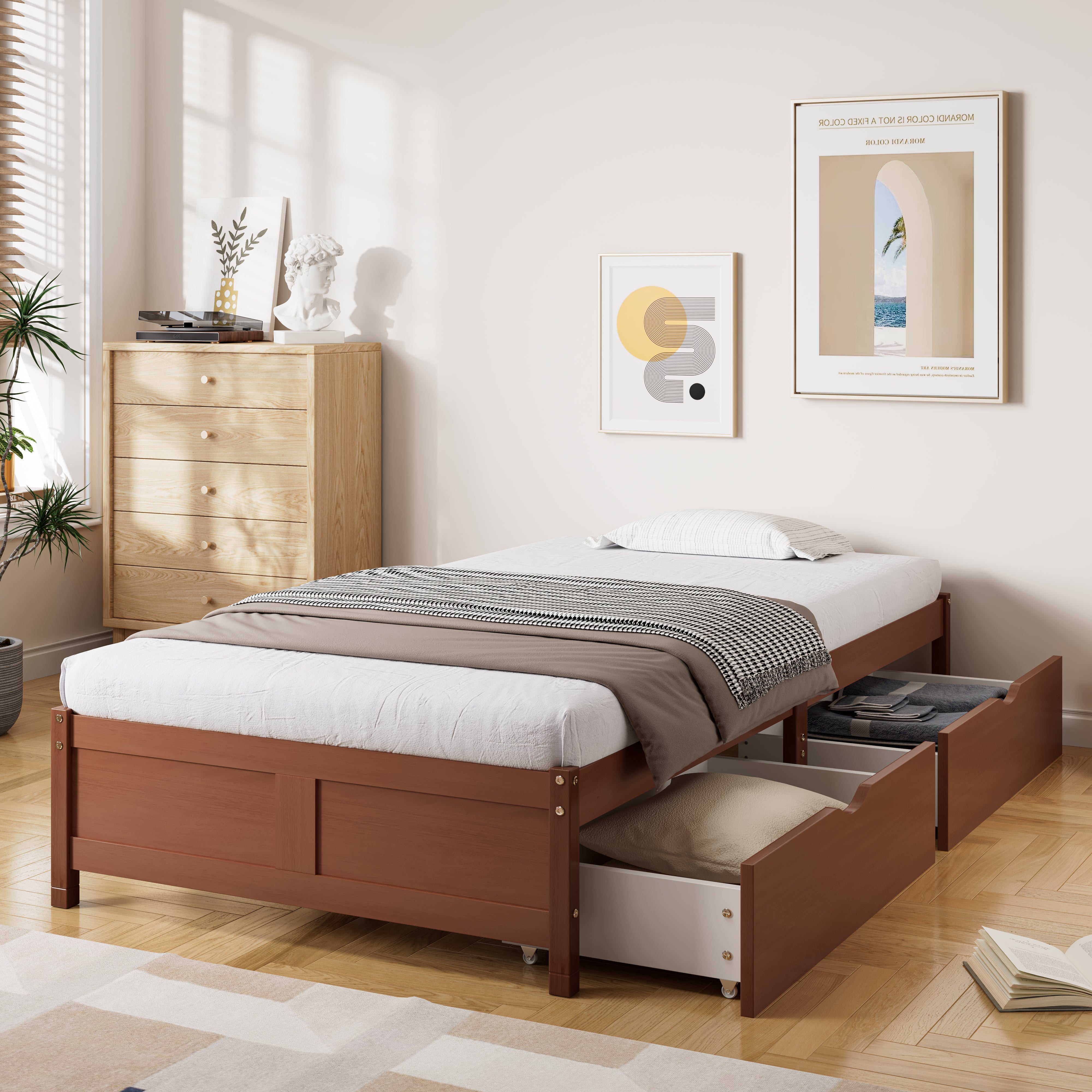 Logidon kinderbed 90x200 roodbruin houten bed met 2 lades en wielen