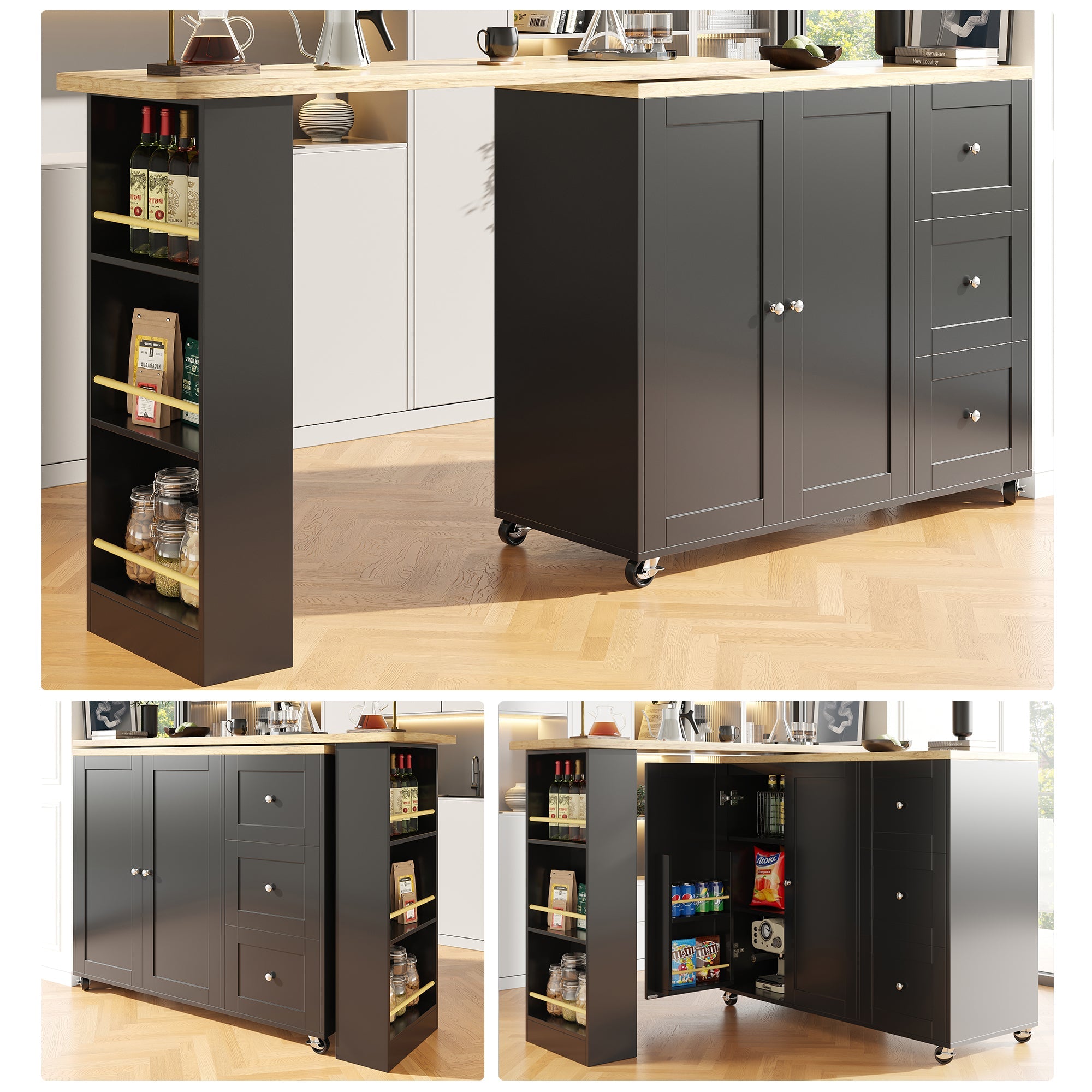 Logidon 360 graden draaibare eettafel zwart 138-209x39x104 met wielen