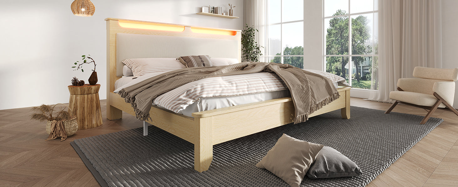 Logidon double bed 140x200 cm beige LED lighting headboard storage space