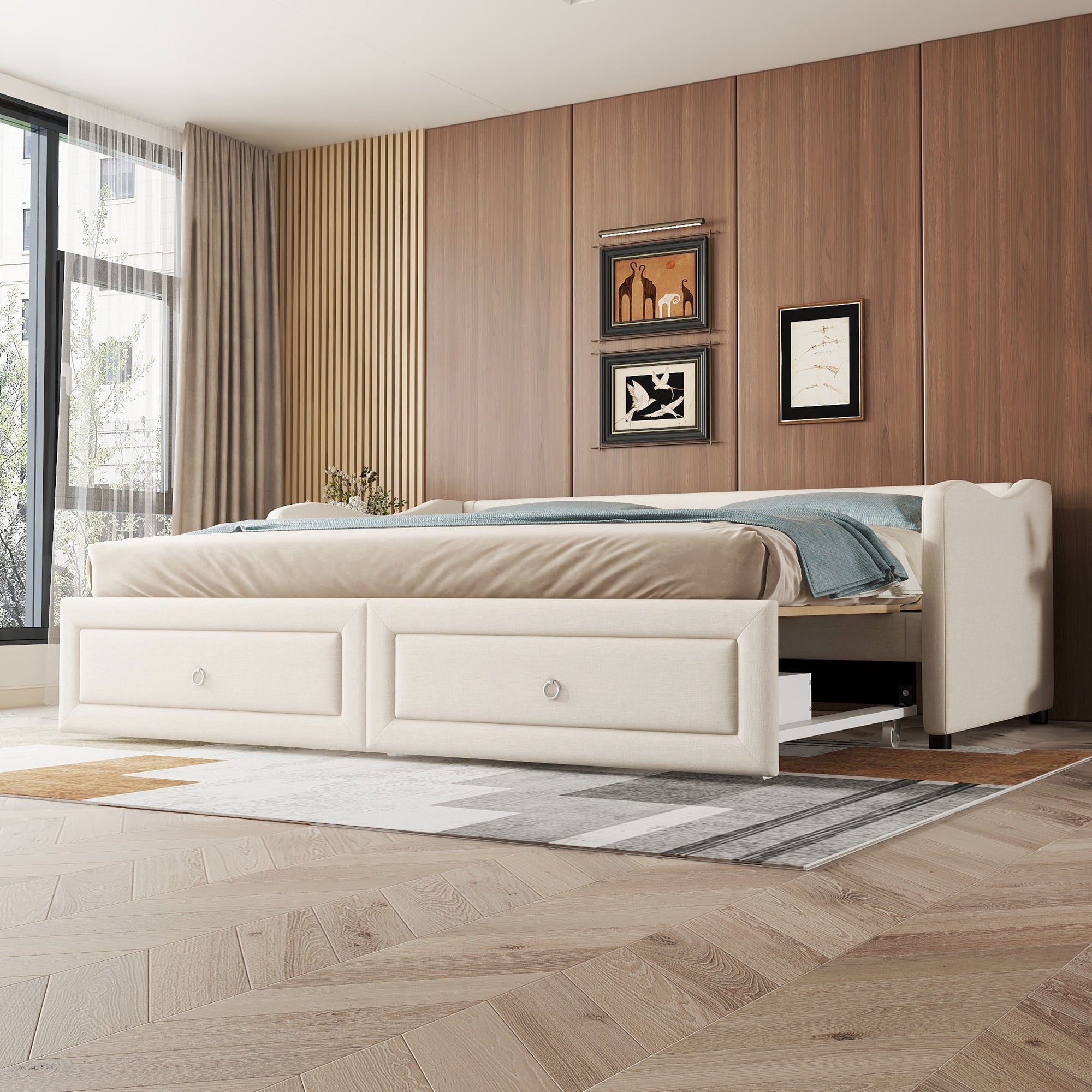Logidon dagbed 90x200cm beige linnen met uitschuifbaar bed