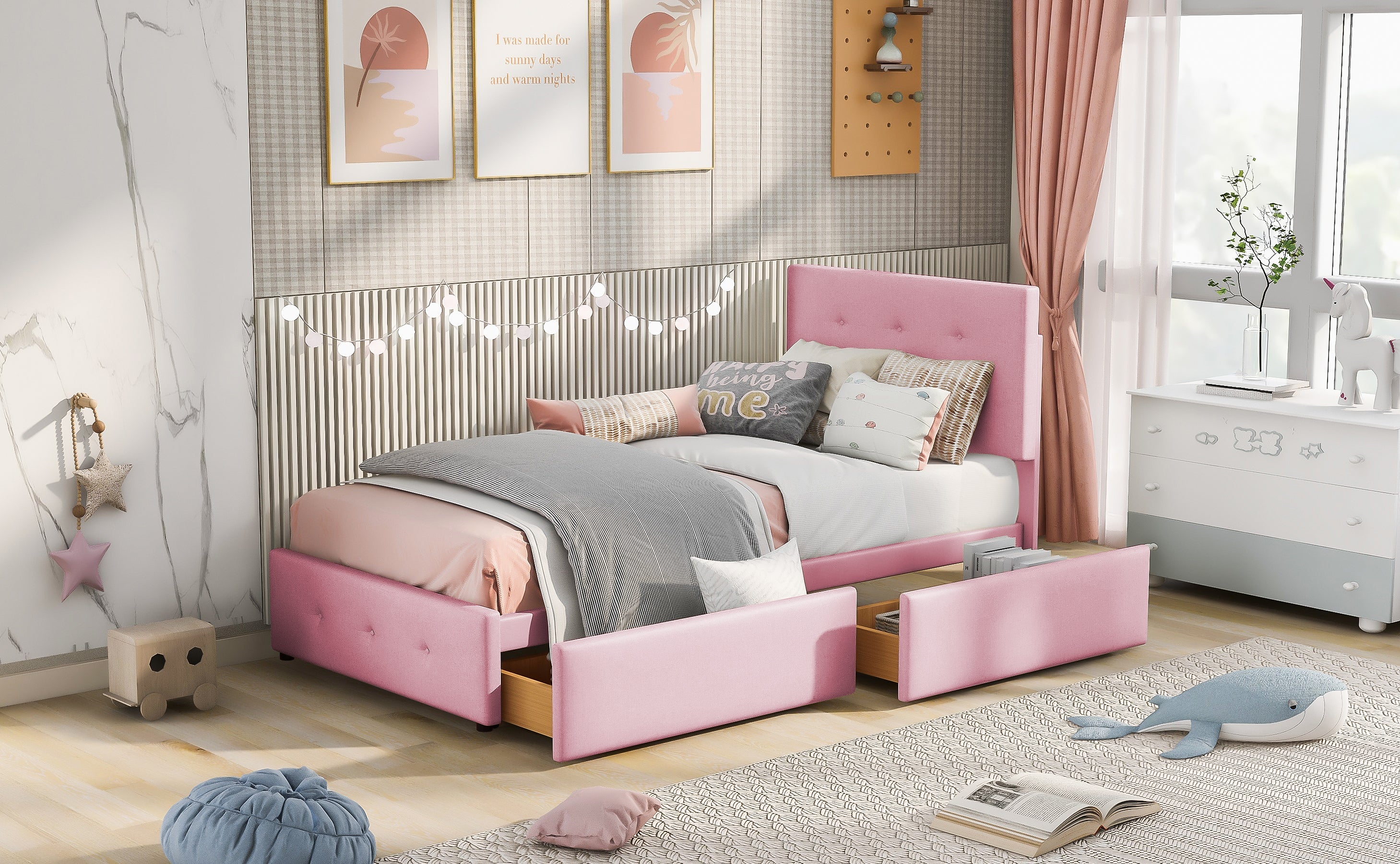 Logidon gestoffeerd bed 90x200 roze fluweel met lattenbodem twee lades