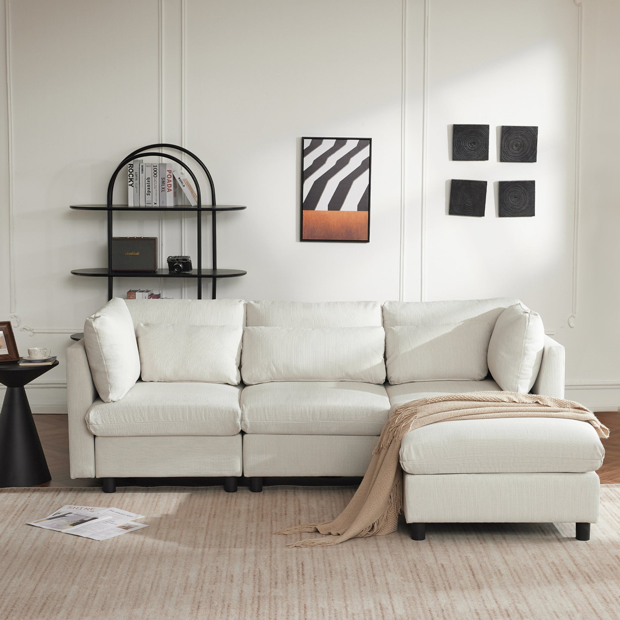 Logidon hoekbank beige stof moderne driezitsbank met voetenbank