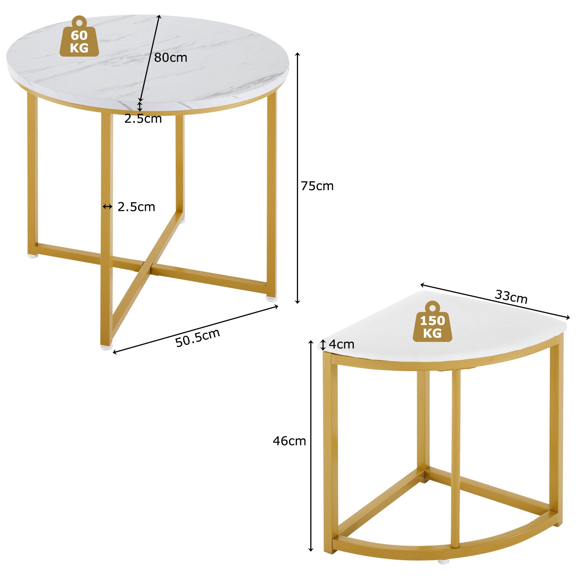Logidon eetkamerset ronde tafel wit marmerlook goud frame 4 stoelen