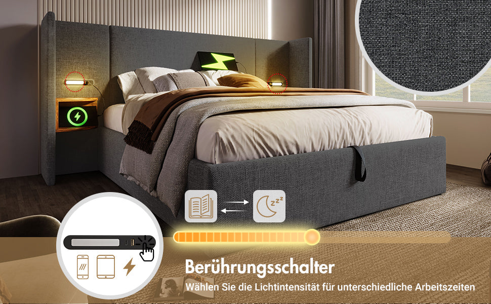 Logidon gestoffeerd bed tweepersoonsbed 160x200 grijs linnen nachtkastje opbergruimte