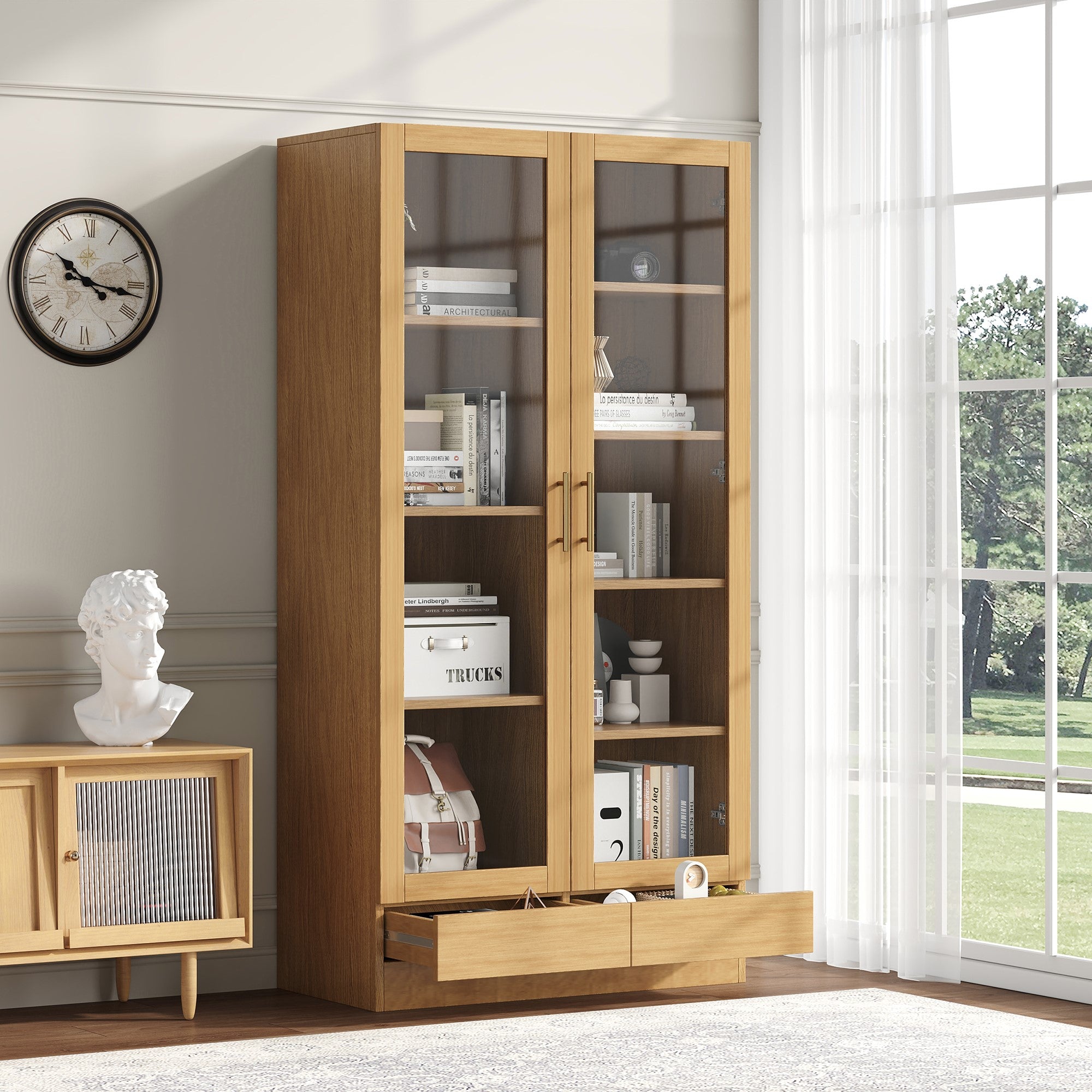 Logidon vitrinekast 80x40x160 cm naturel hout met push-to-open lades