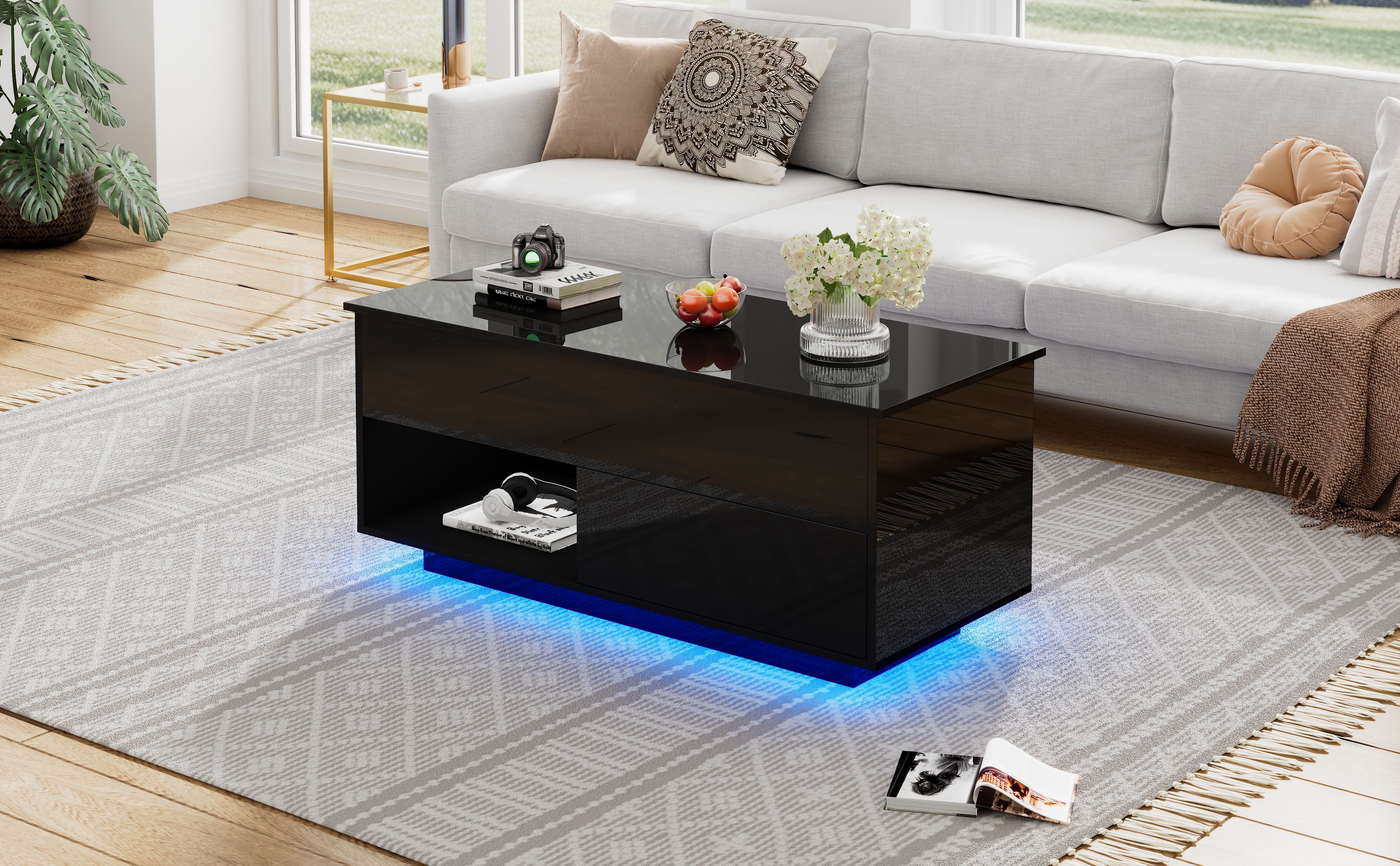 Logidon hoogglans salontafel 100x50x55 cm zwart LED-verlichting