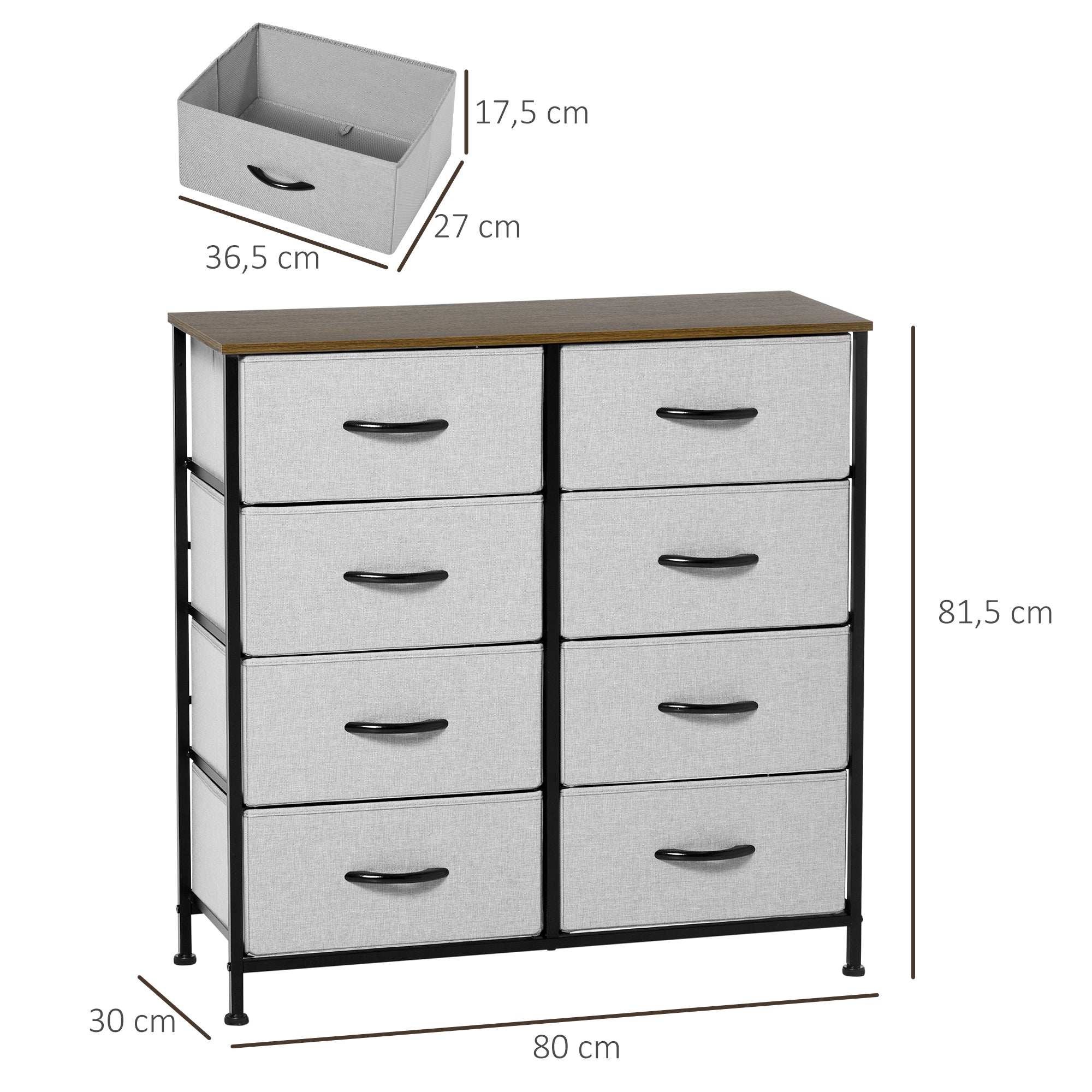 Logidon Ladenkast Dressoir Met 8 Stoffen Laden Grijs 80x30x81 cm