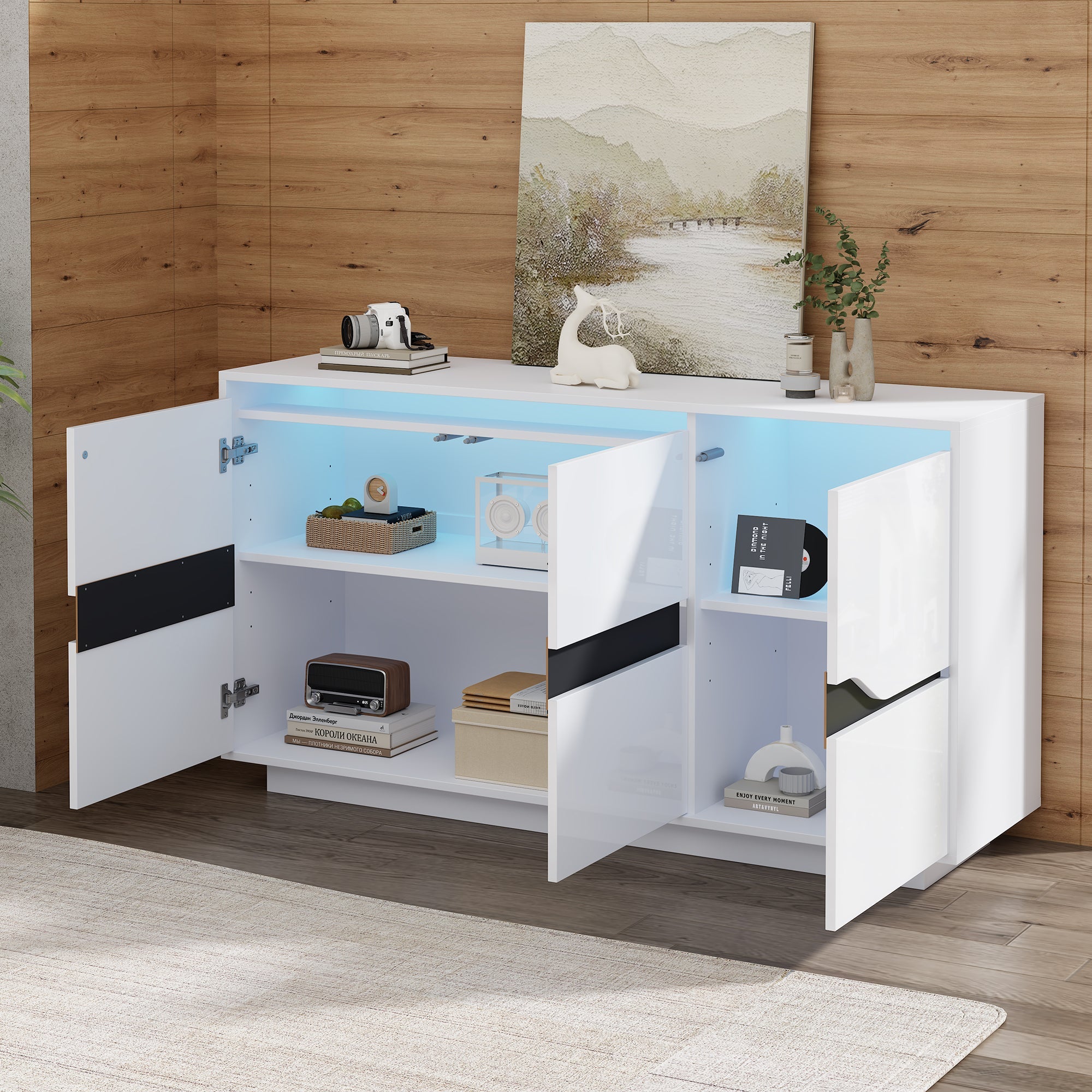 Logidon Sideboard 140x40x76 Cm White Black With 3 Doors LED