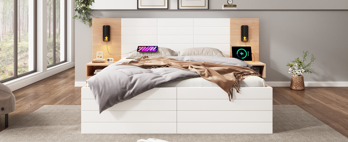 Logidon tweepersoonsbed 140x200 met leeslamp USB 2 laden eiken wit
