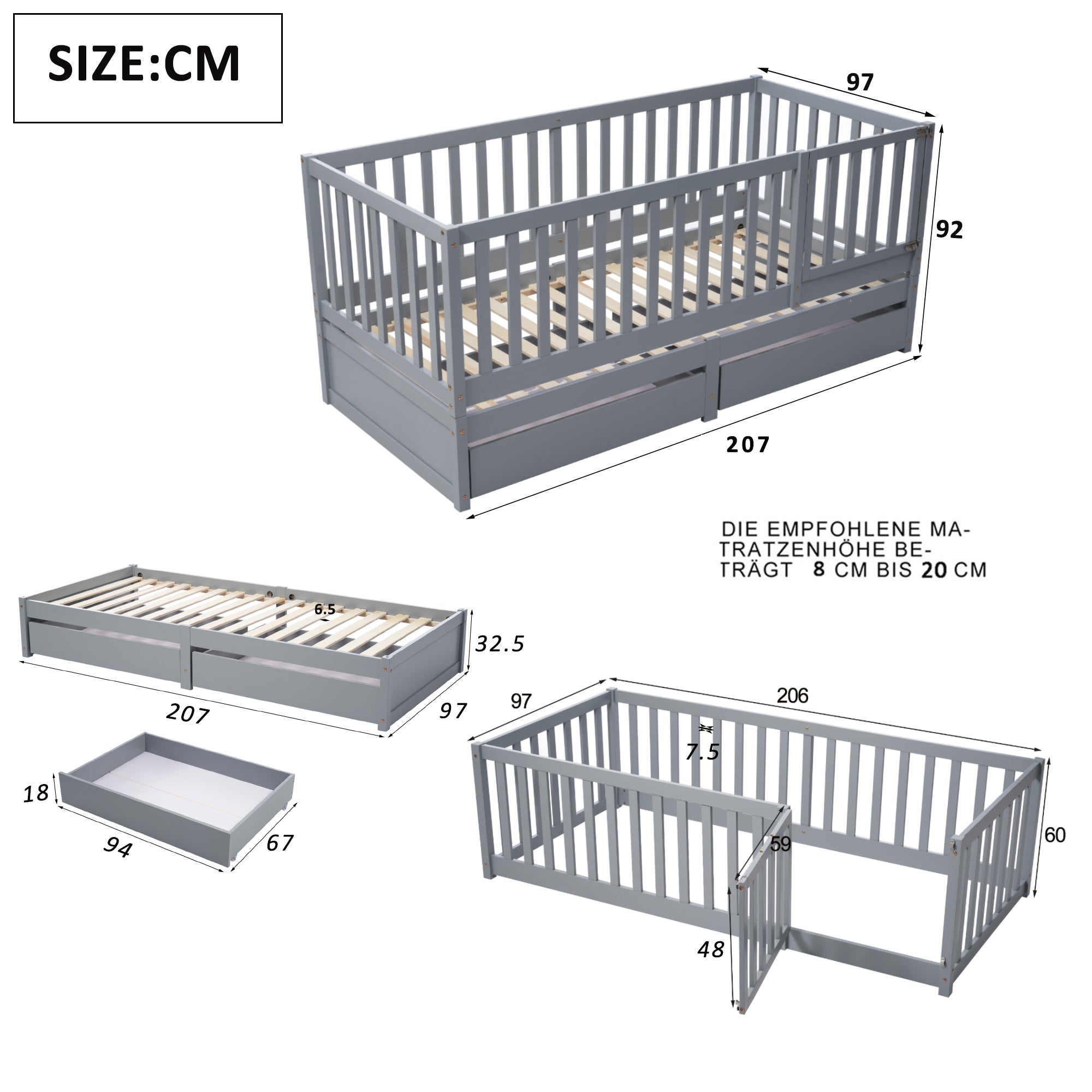 Logidon kinderbed volledige scheidingswand 90x200 grijs om te bouwen tot twee bedden