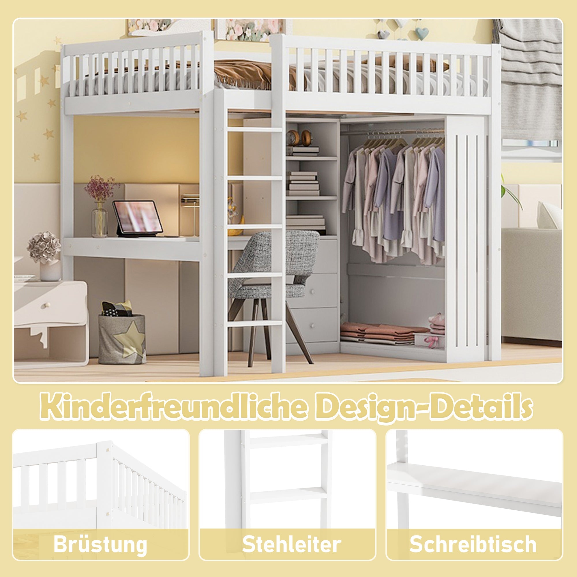 Logidon hoogslaper 140x200 wit met bureau kledingkast trap