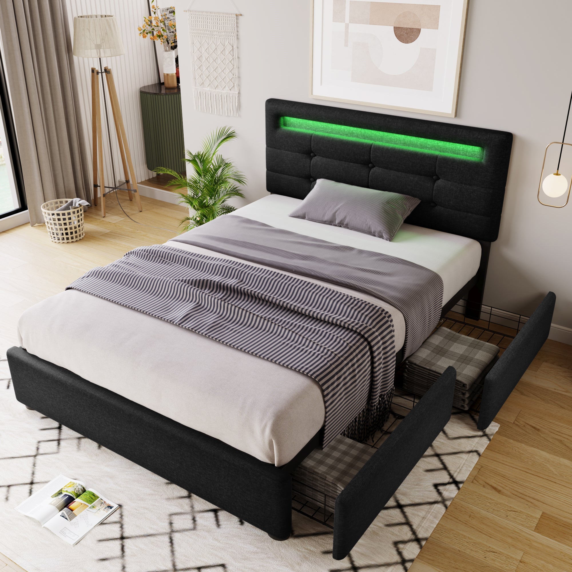 Logidon bed frame with LED lighting and 2 drawers 90x200 black